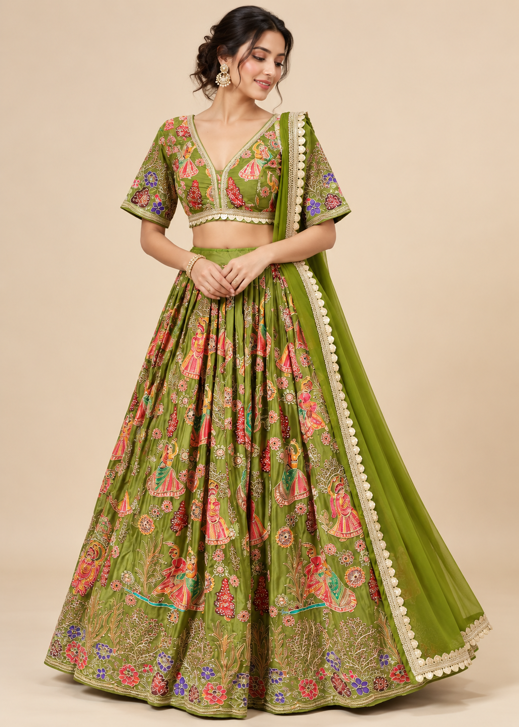 Mehendi Green Figurative Embroidered Lehenga with Dupatta Main image