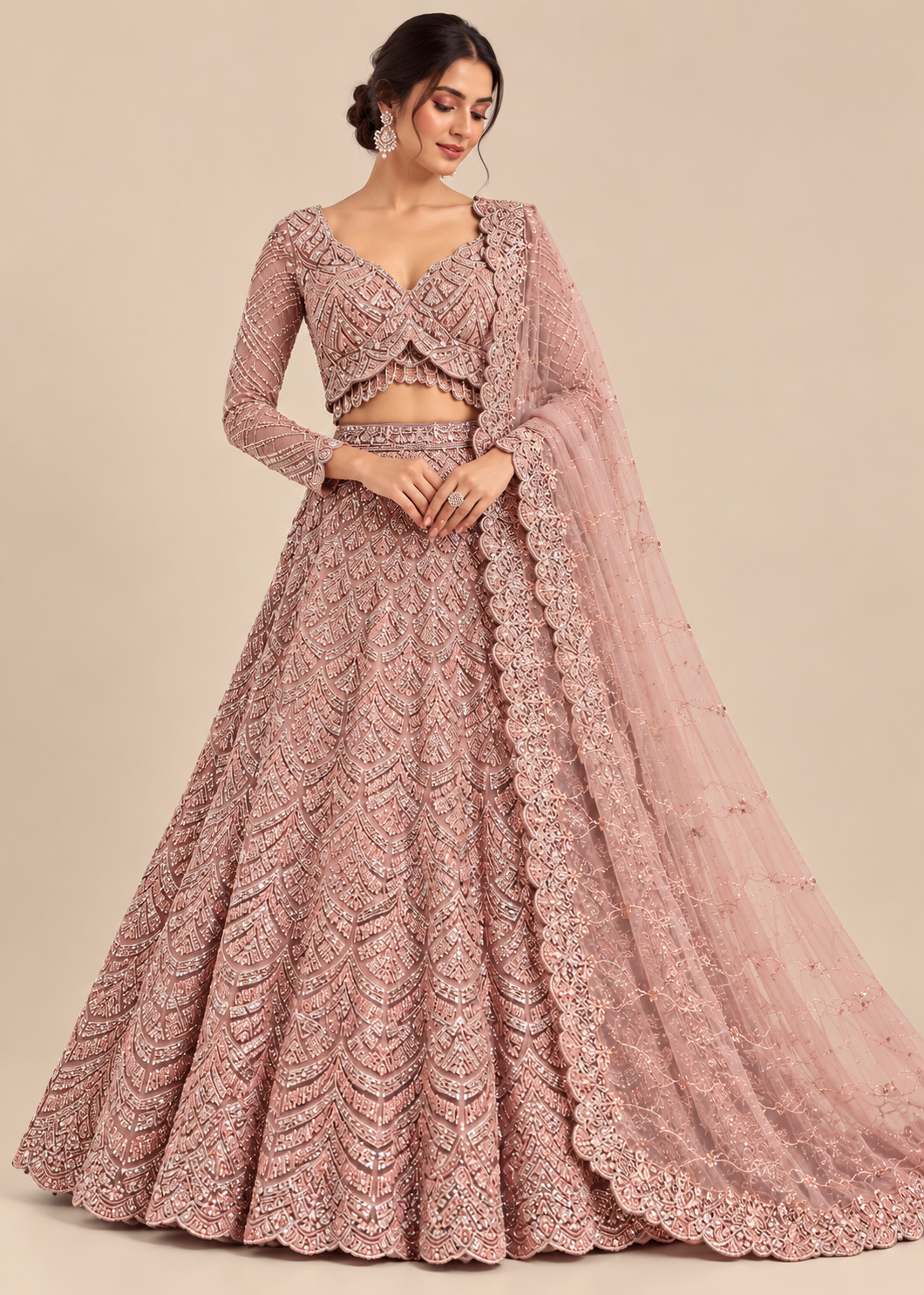 Dusty Rose Scalloped Sequin Bridal Lehenga