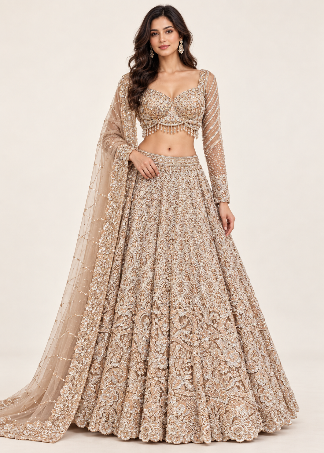 Beige Gold Scalloped Jaal Bridal Lehenga
