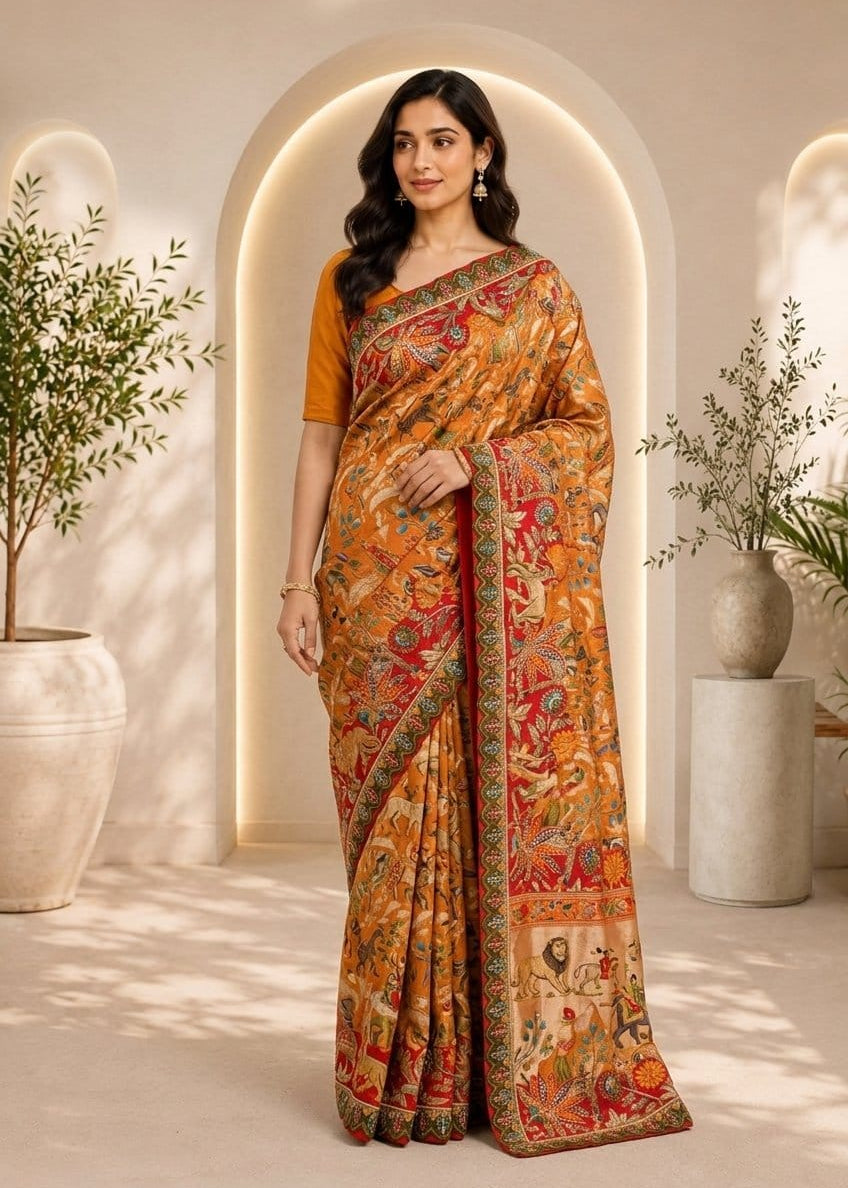 Mustard Kalamkari Saree