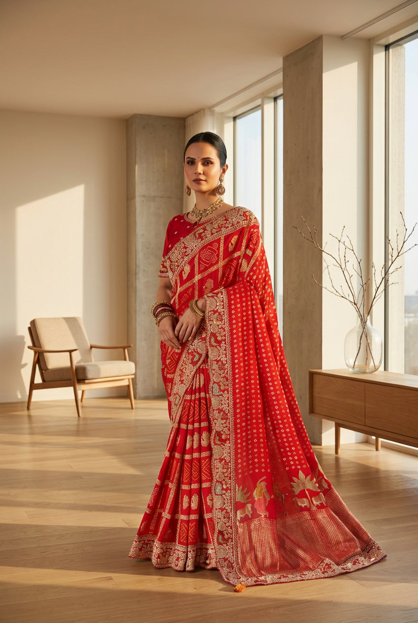 Crimson Red Bandhani Silk Bridal Saree