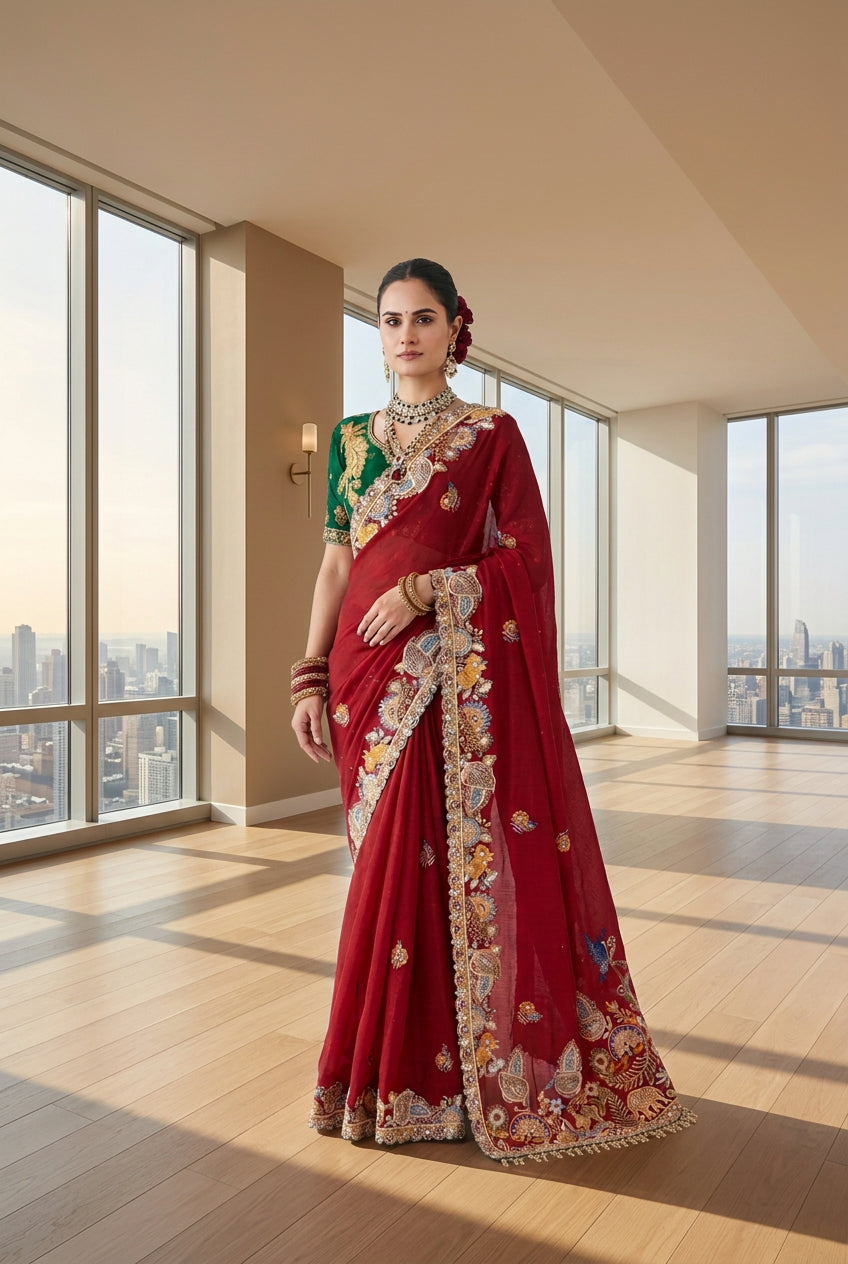 Deep Crimson Embroidered Georgette Designer Saree