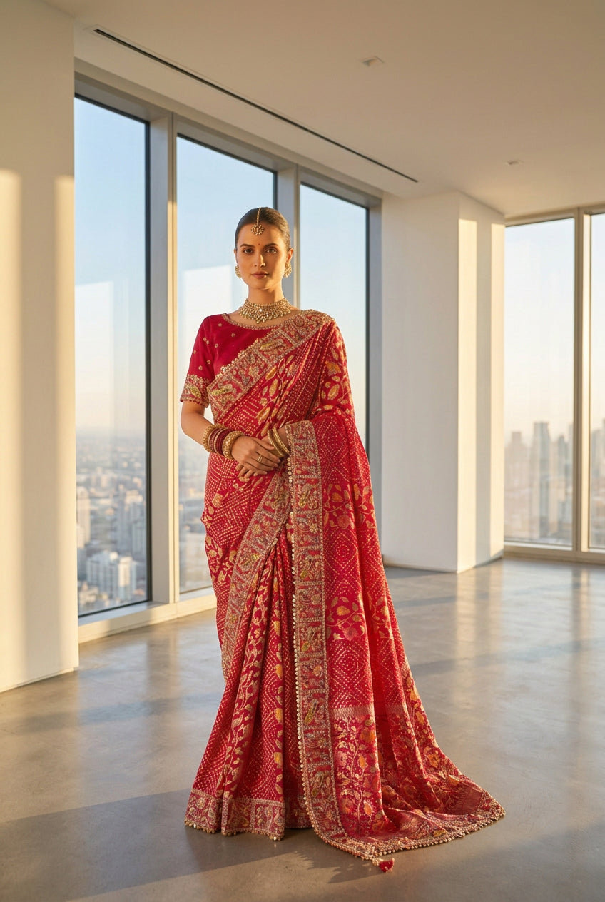 Rani Pink Bandhani Silk Festive Saree