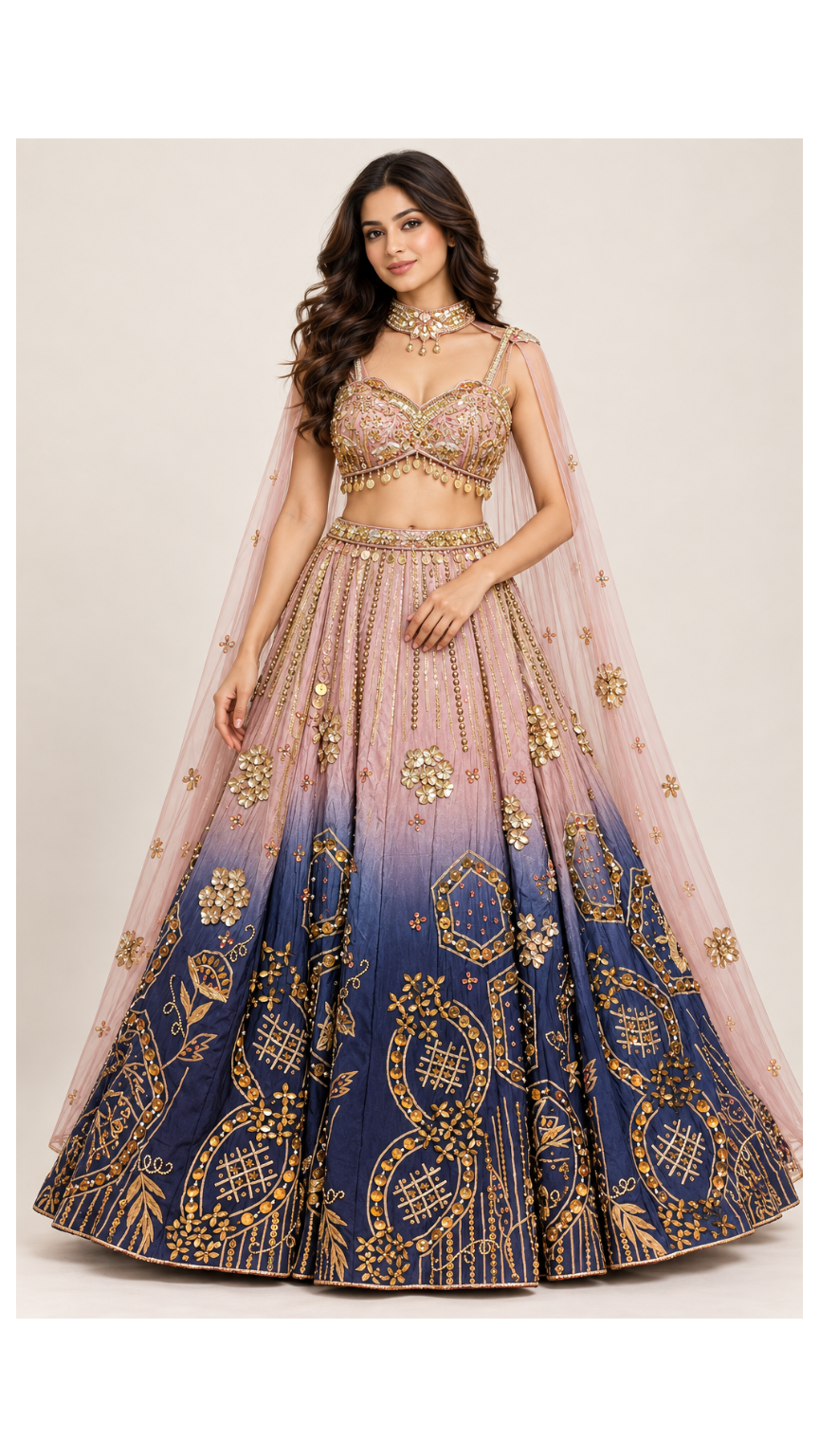 Blush Pink to Midnight Navy Ombré Embroidered Lehenga Set Main image
