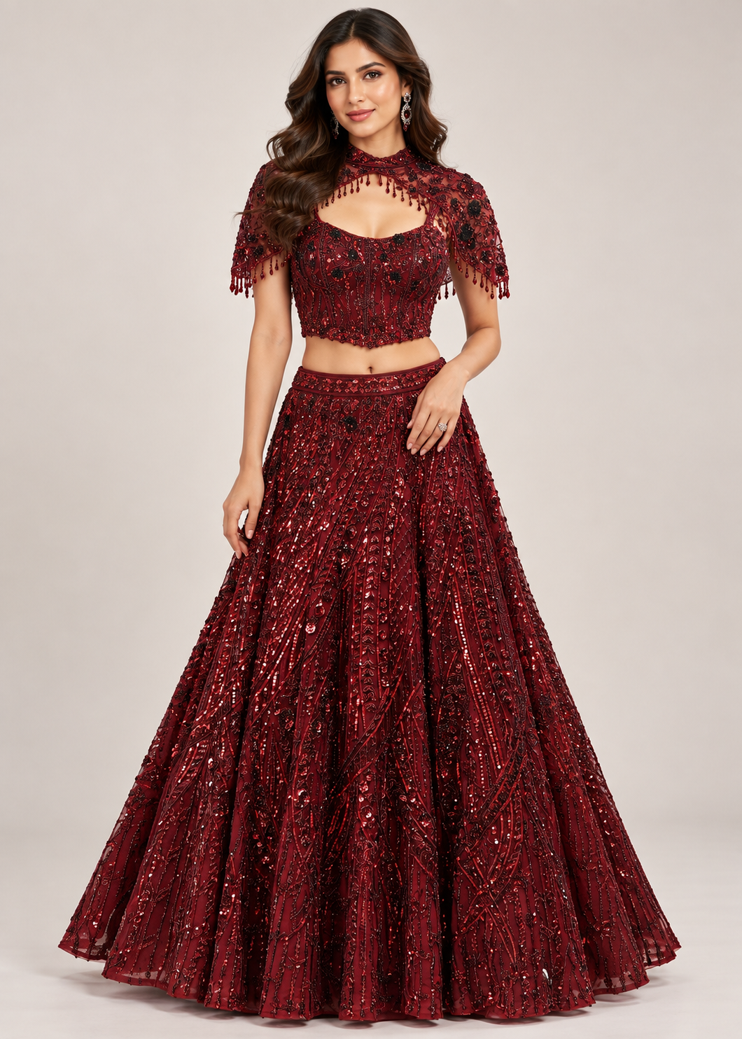 Crimson Maroon Linear Sequin & Beaded Bridal Lehenga Set with High-Neck Capelet