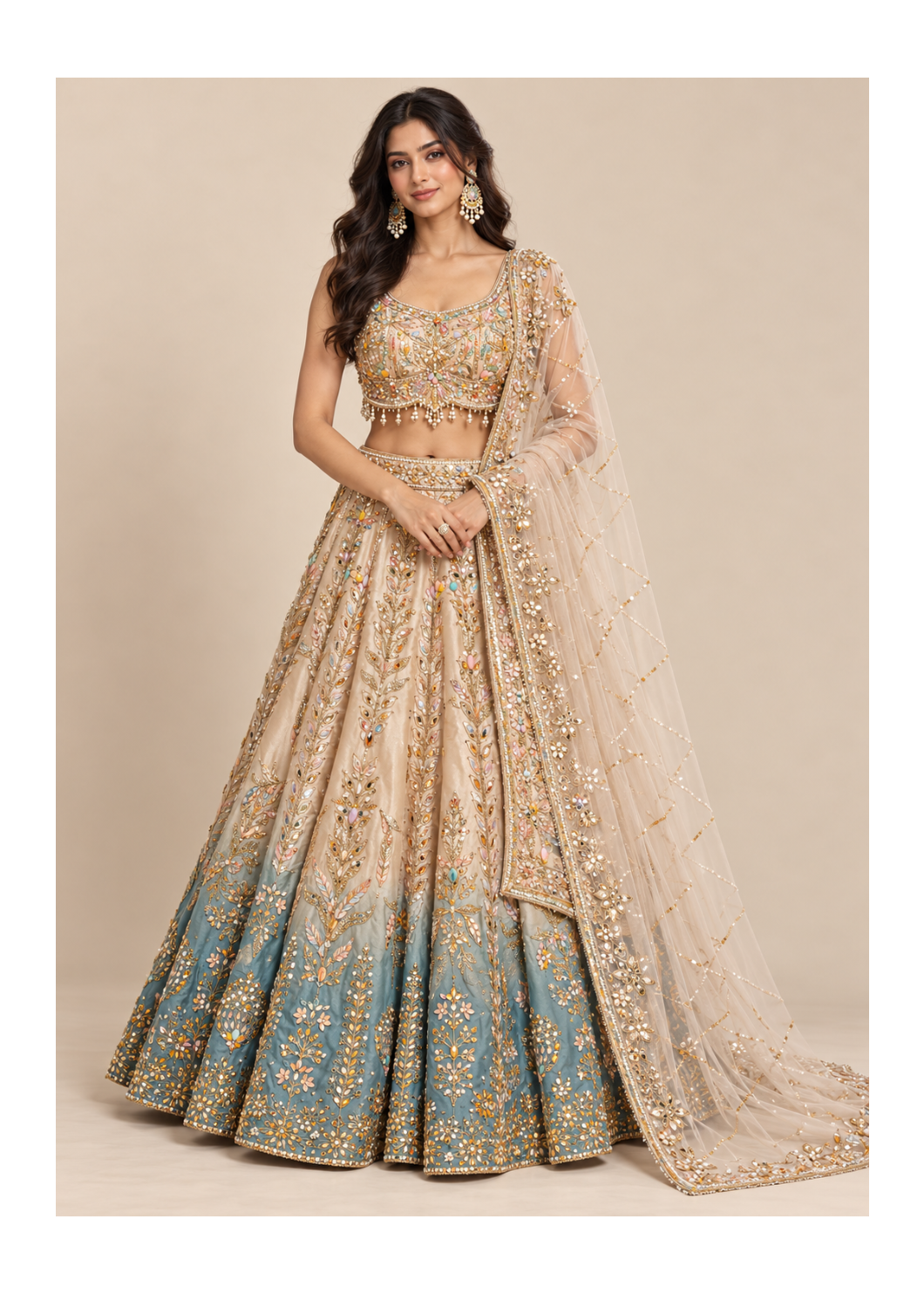 Beige-Gold & Slate-Blue Ombré Botanical Embroidered Lehenga, Bustier