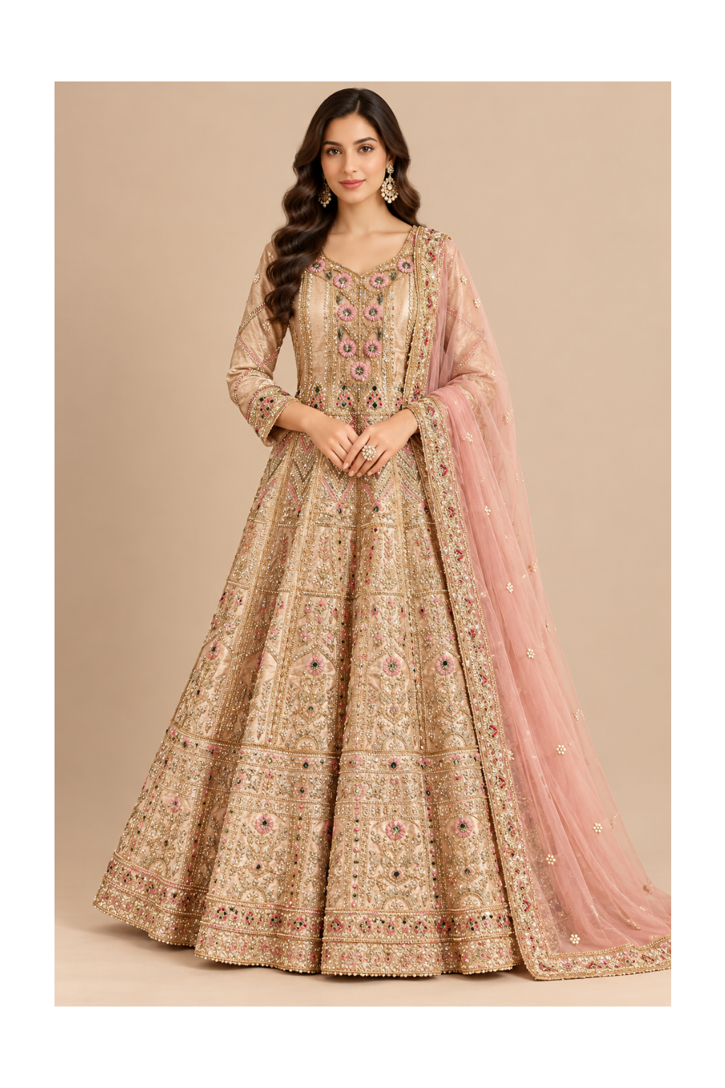 Champagne Gold & Rose Embellished Bridal Anarkali Gown & Dupatta Set Main image