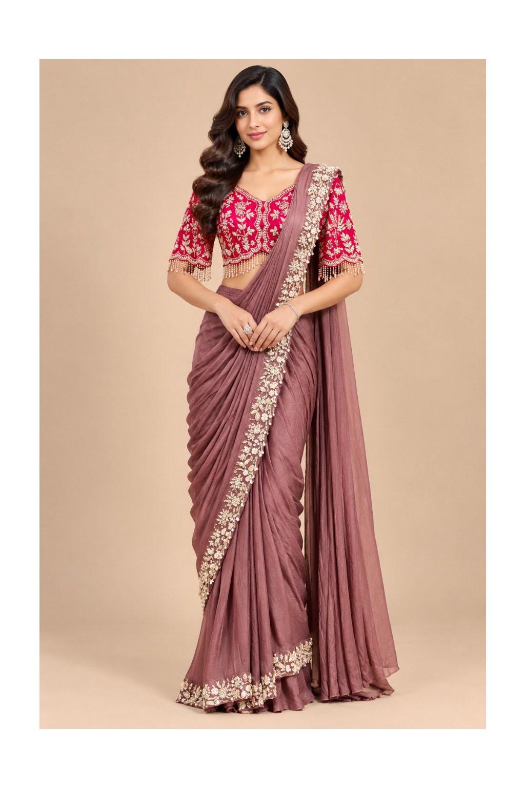 Mauve-Taupe Pre-Draped Saree & Embroidered Crimson Blouse Set Main image