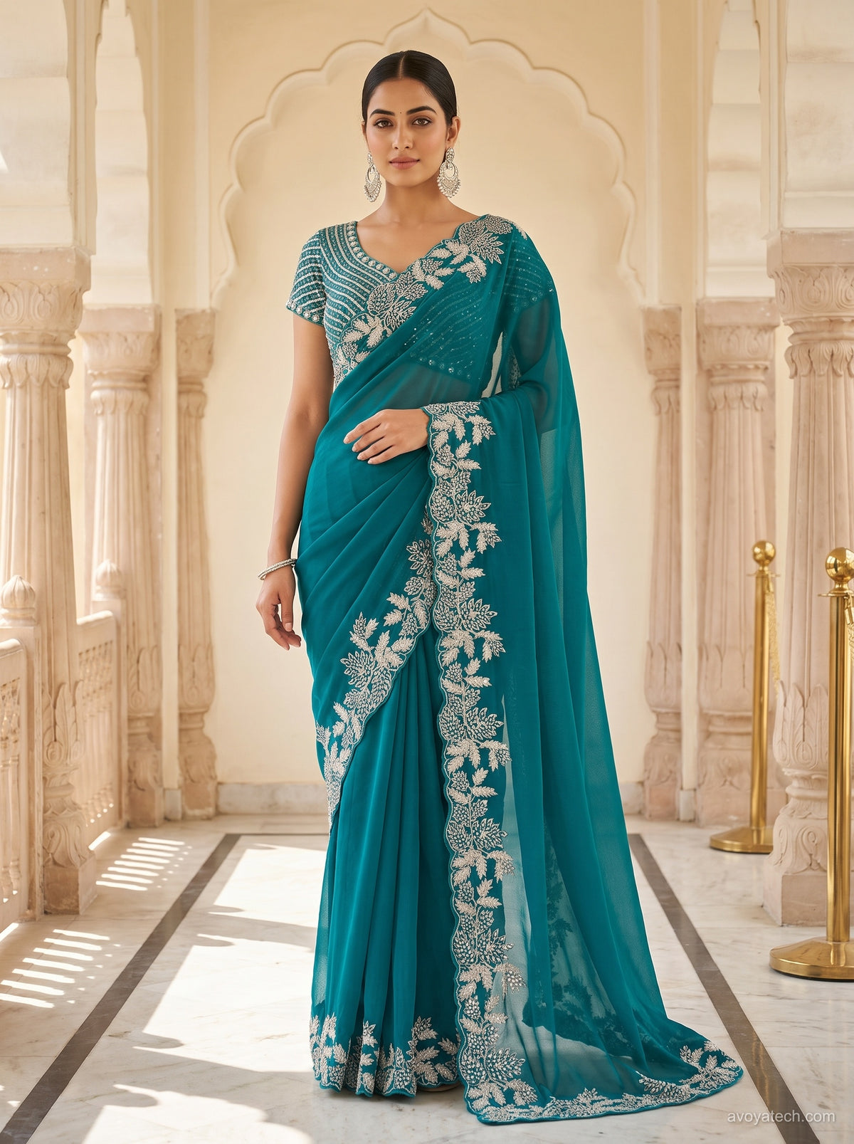 Green Soft Fabric Saree with Elegant Floral Embroidery