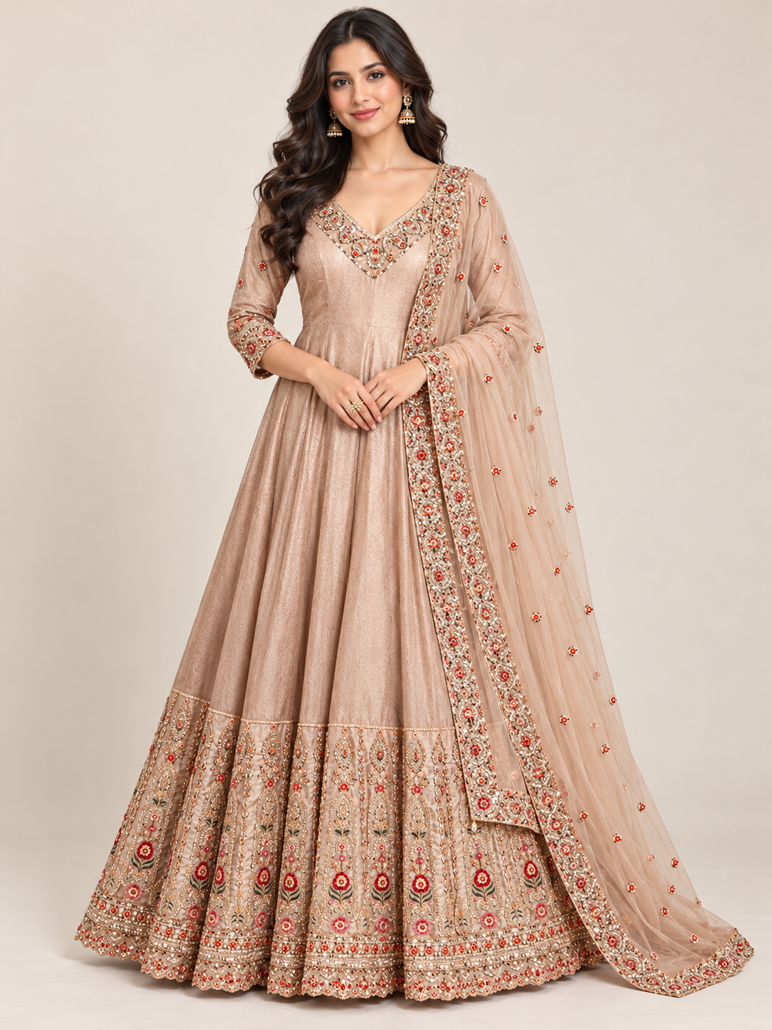 Beige Gold Shimmer Silk Flared Anarkali Gown with Embroidered Net Dupatta