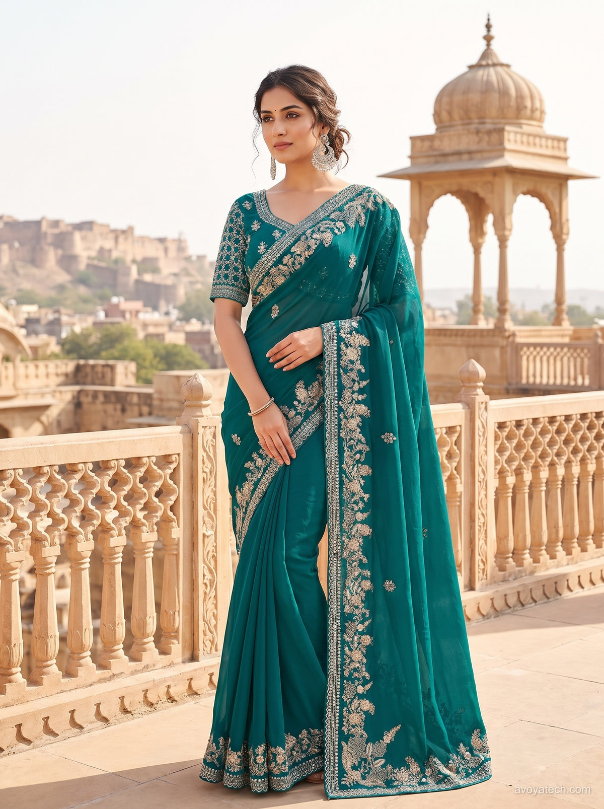 Green Soft Saree with Silver Floral Embroidery