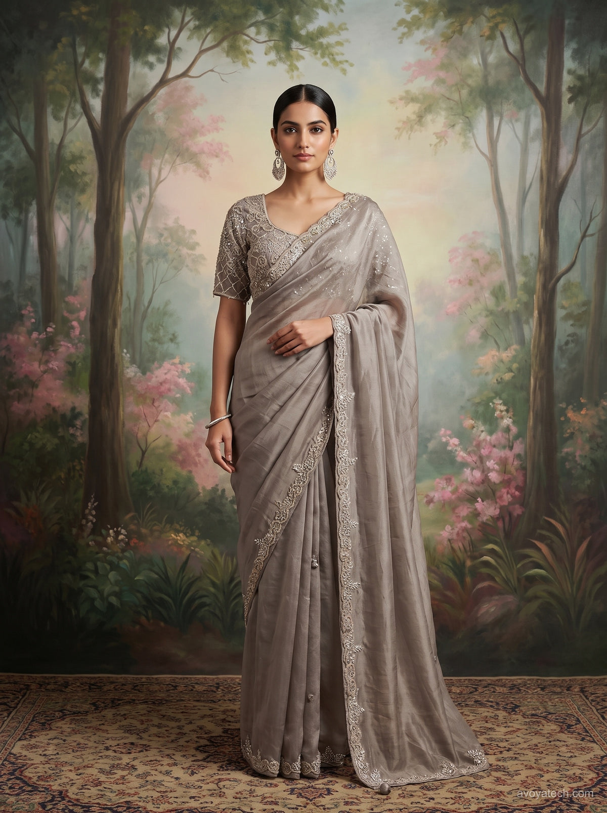Elegant Grey Soft Fabric Saree with Intricate Embroidery Main image