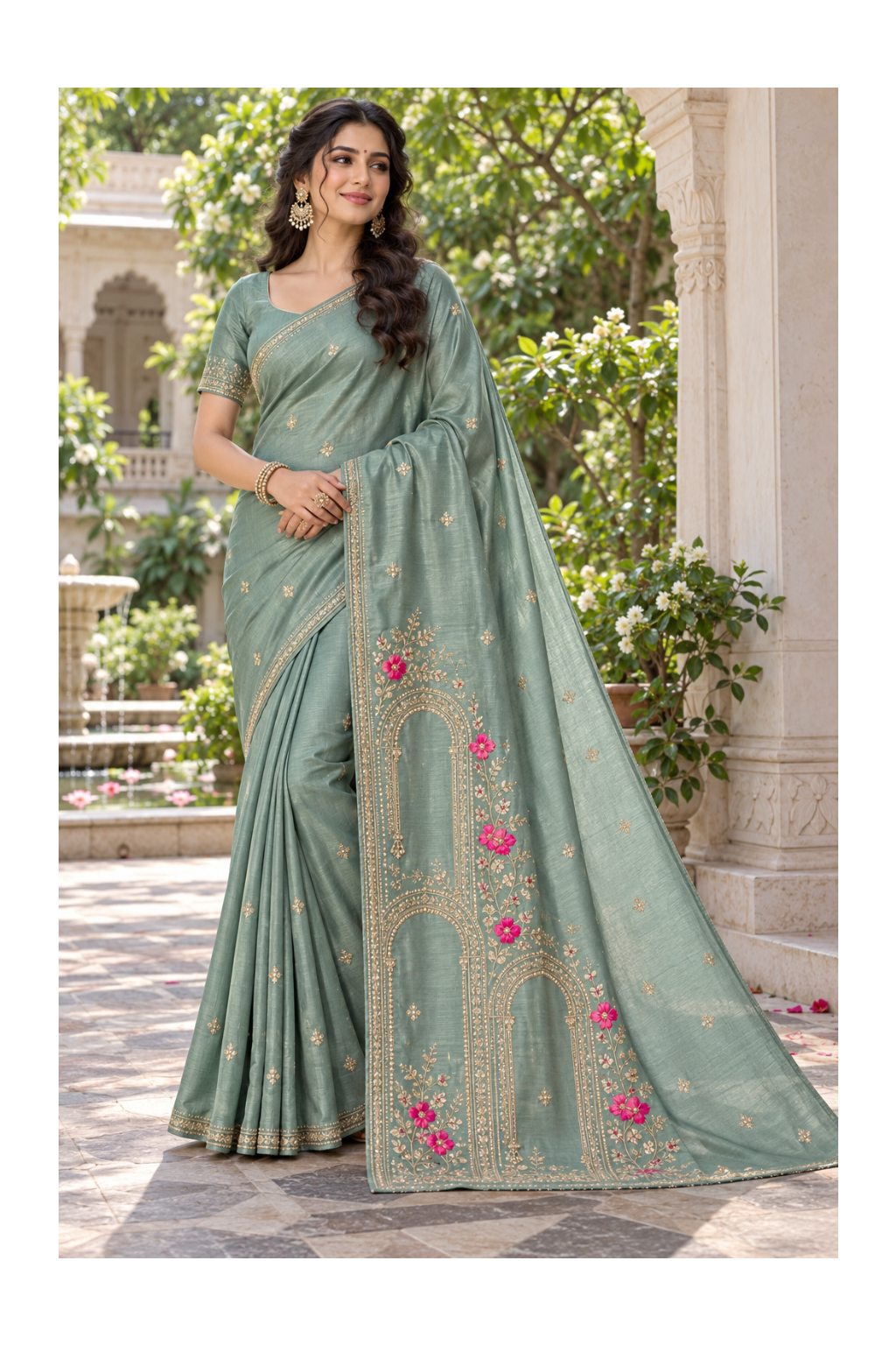 Sage-Green Raw Silk Embroidered Saree & Blouse Set