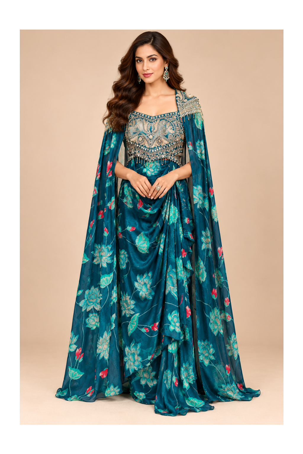 Peacock Teal Floral Printed & Embroidered Cape Draped Saree-Skirt Set