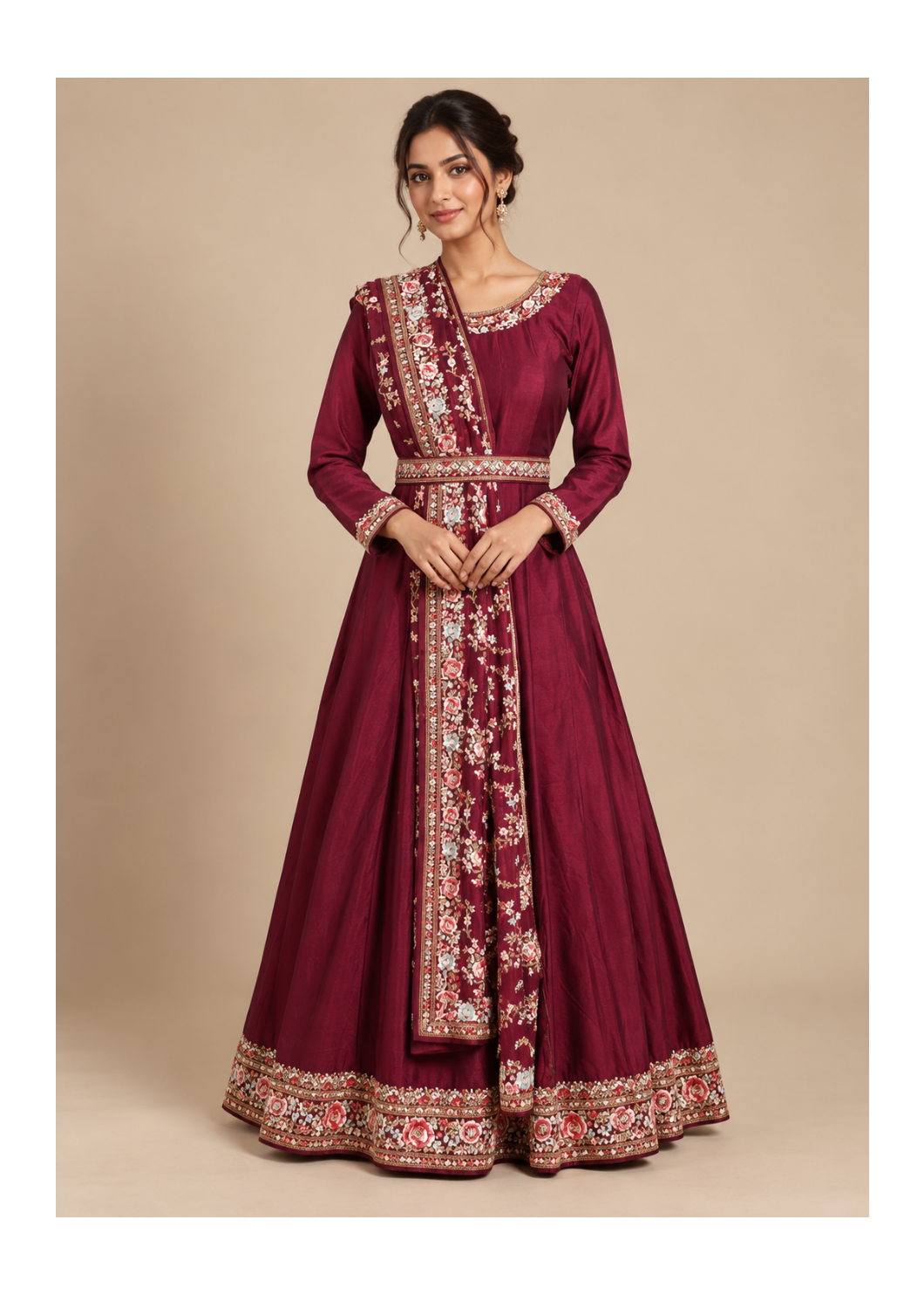 Wine Floral Embroidered Anarkali Gown
