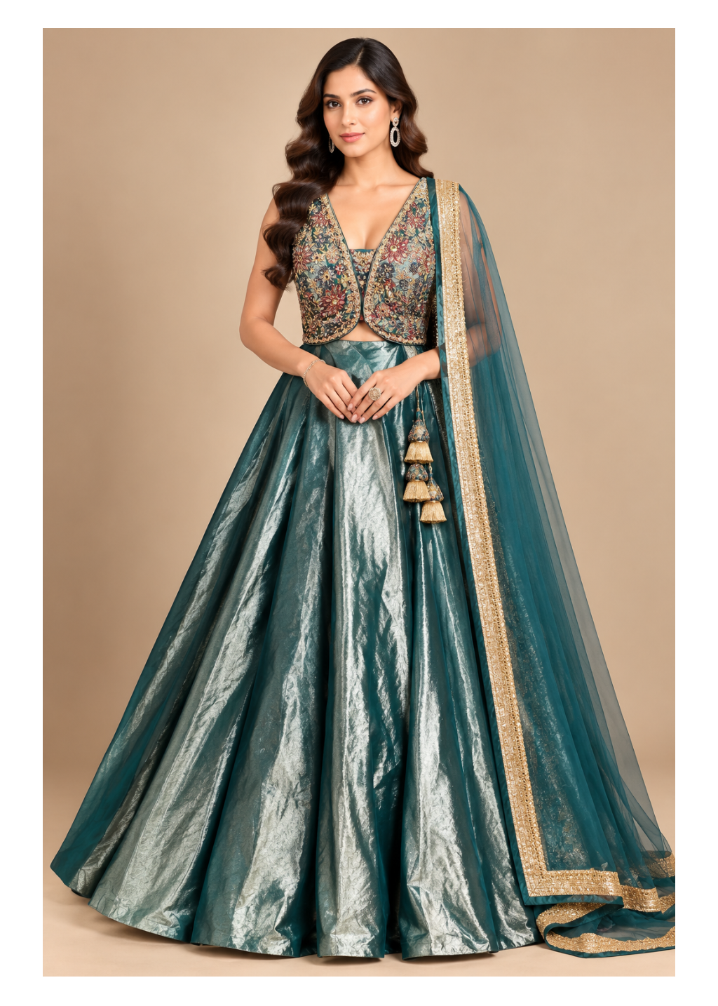 Peacock Teal Crushed Tissue Silk Lehenga Set with Embroidered Waistcoat Blouse
