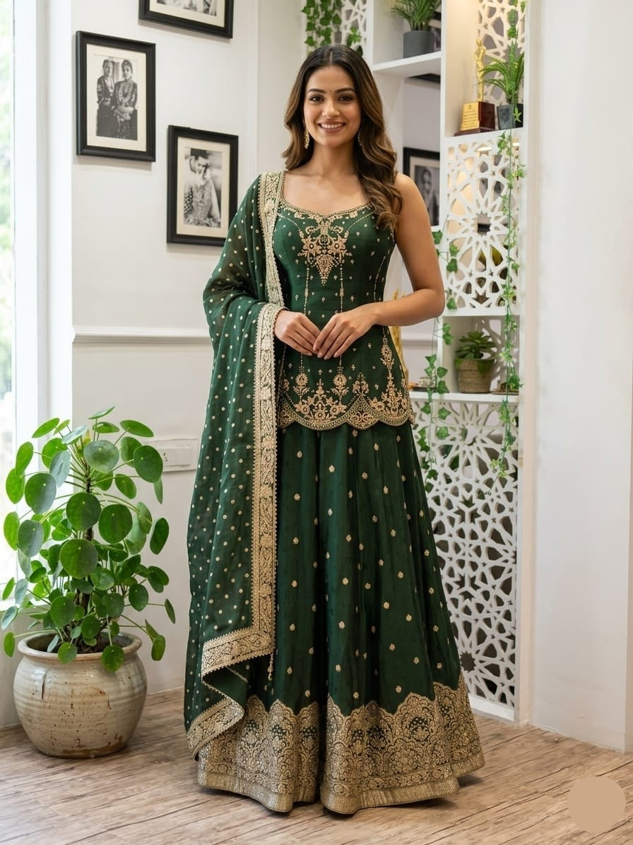Dark Green Embroidered Silk Peplum Lehenga Main image