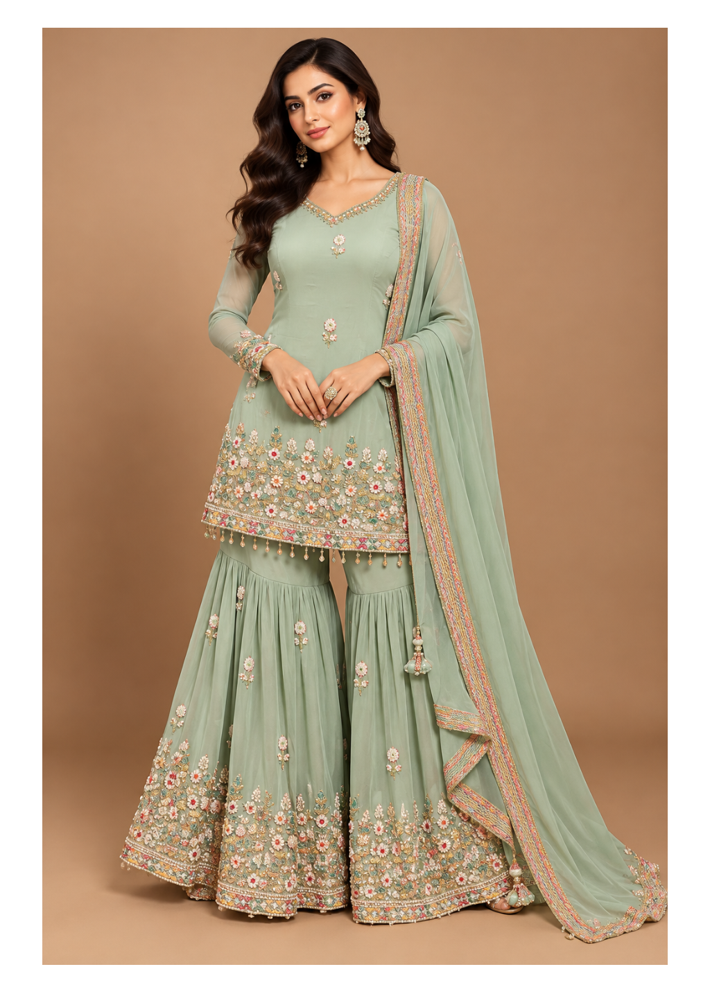 Mint Green Embroidered Peplum Sharara Set