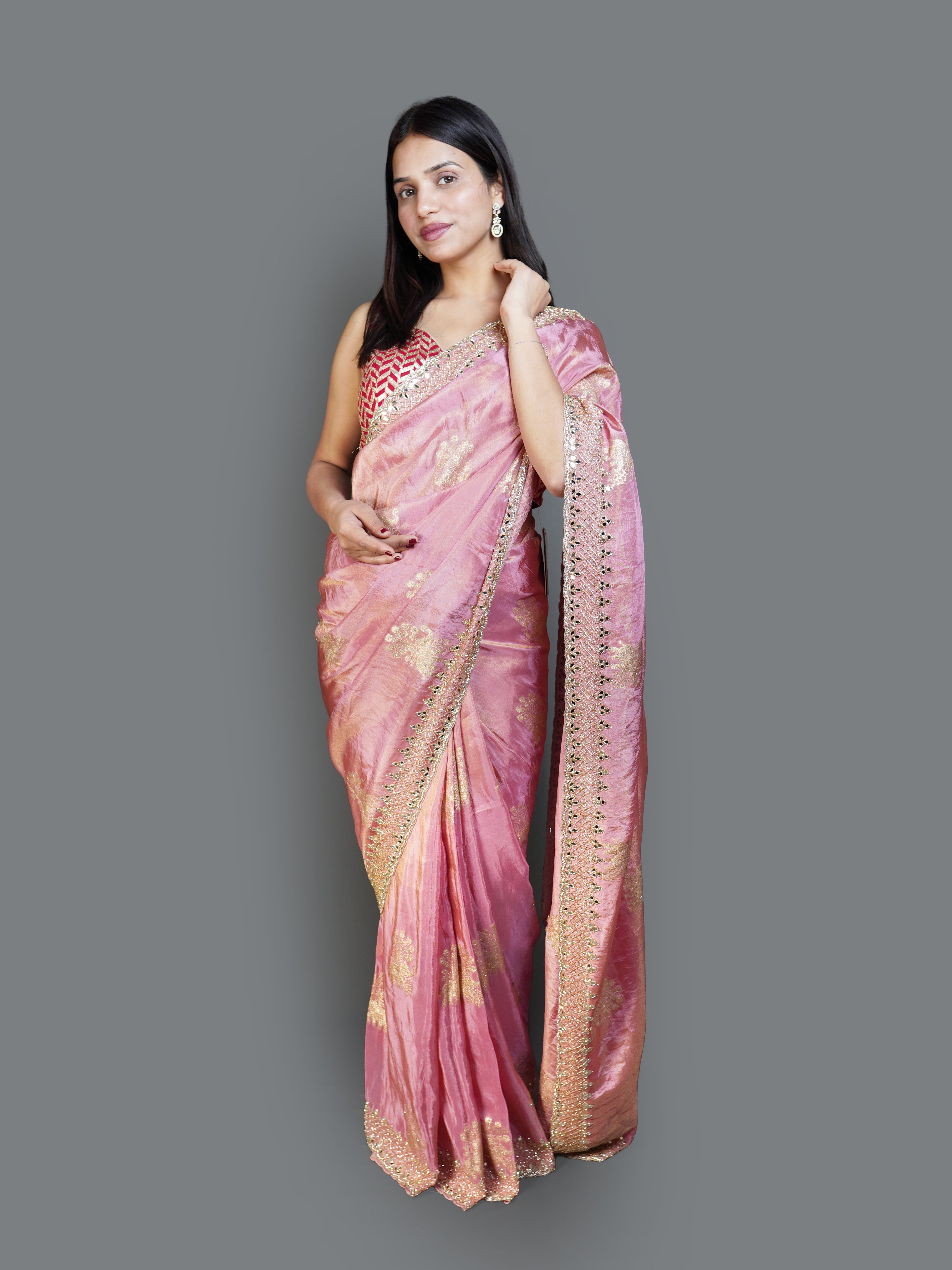 Metallic Rose Pink Saree with Gold Woven Motifs (1782A B-8) Main image