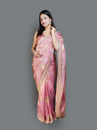 Metallic Rose Pink Saree with Gold Woven Motifs (1782A B-8)