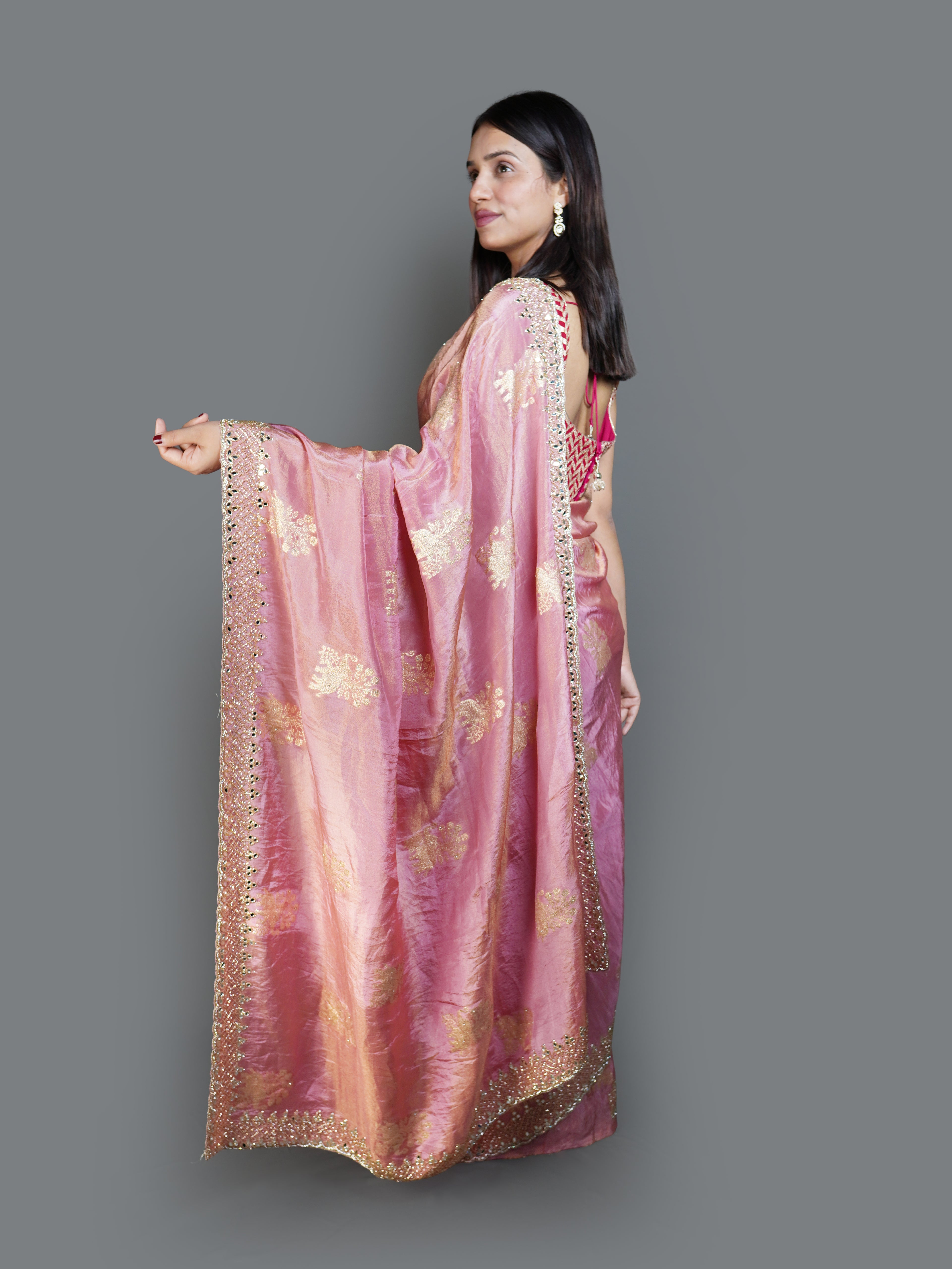 Metallic Rose Pink Saree with Gold Woven Motifs (1782A B-8)