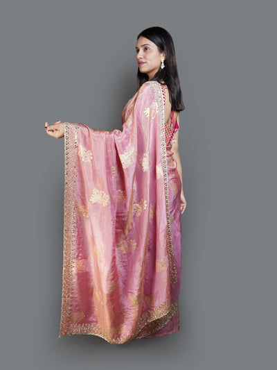 Metallic Rose Pink Saree with Gold Woven Motifs (1782A B-8)