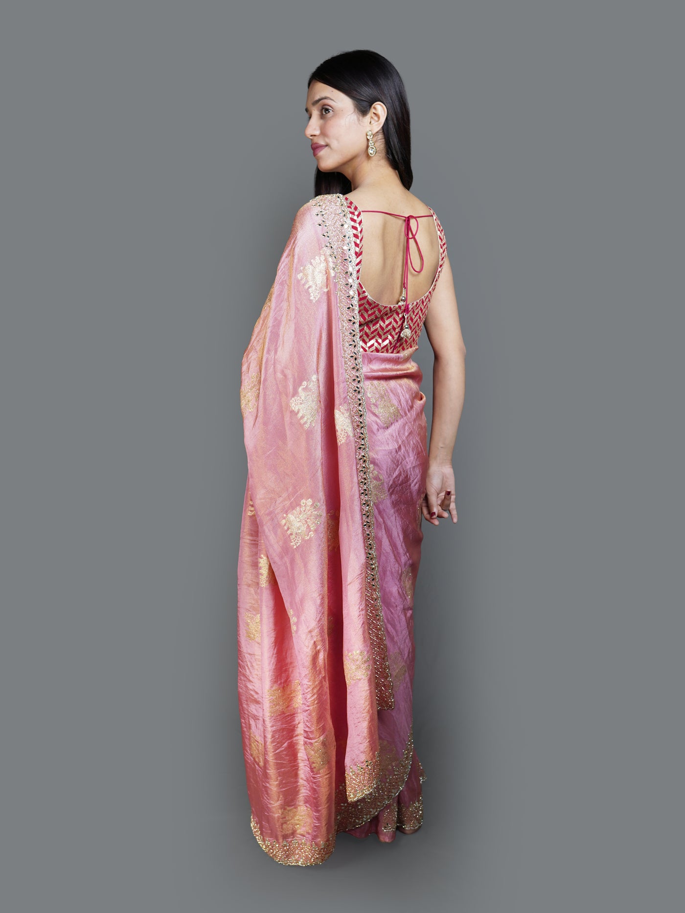Metallic Rose Pink Saree with Gold Woven Motifs (1782A B-8)