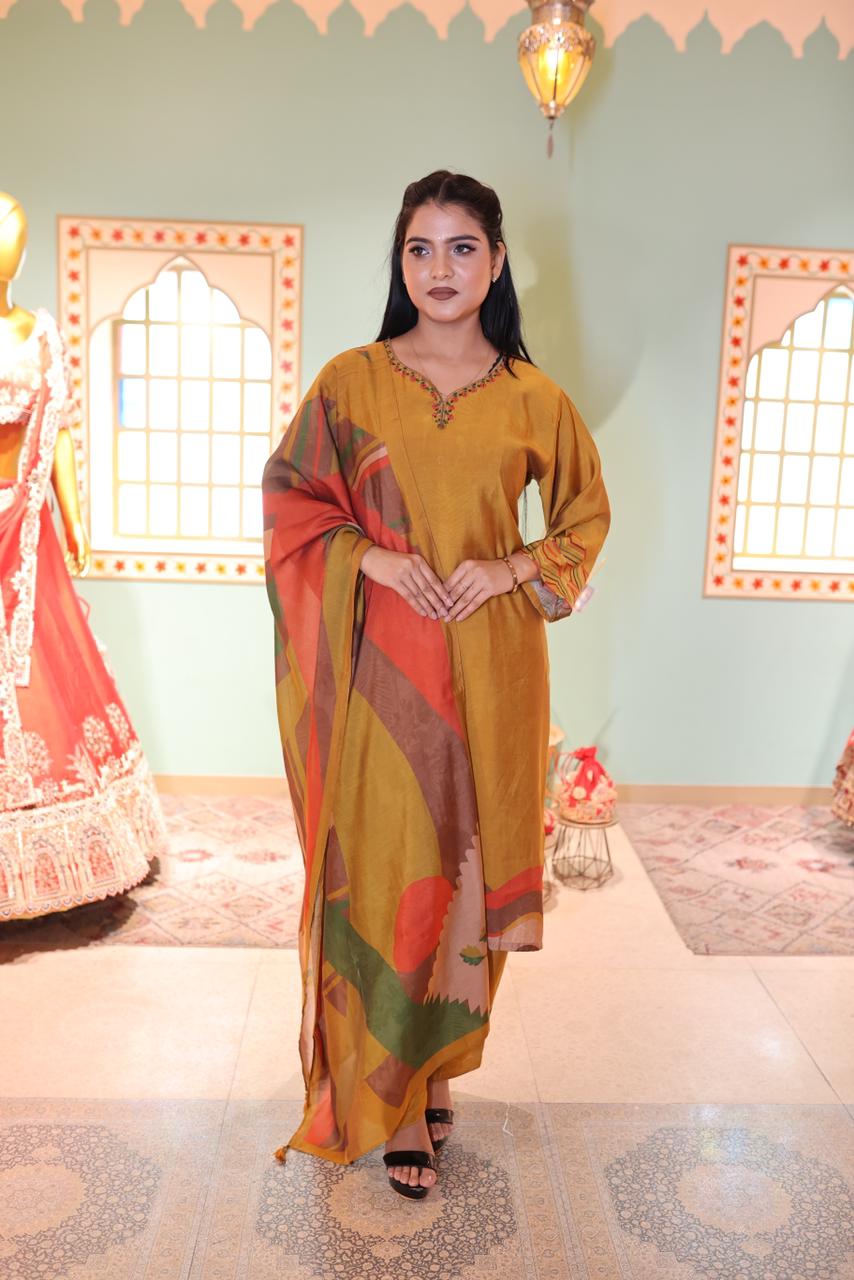 Mustard Yellow Hues Embroidered Kurta Set with Printed Dupatta