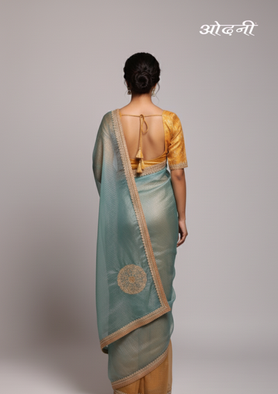 Gold and Aqua Tissue Saree (SAR-14438 R-19)