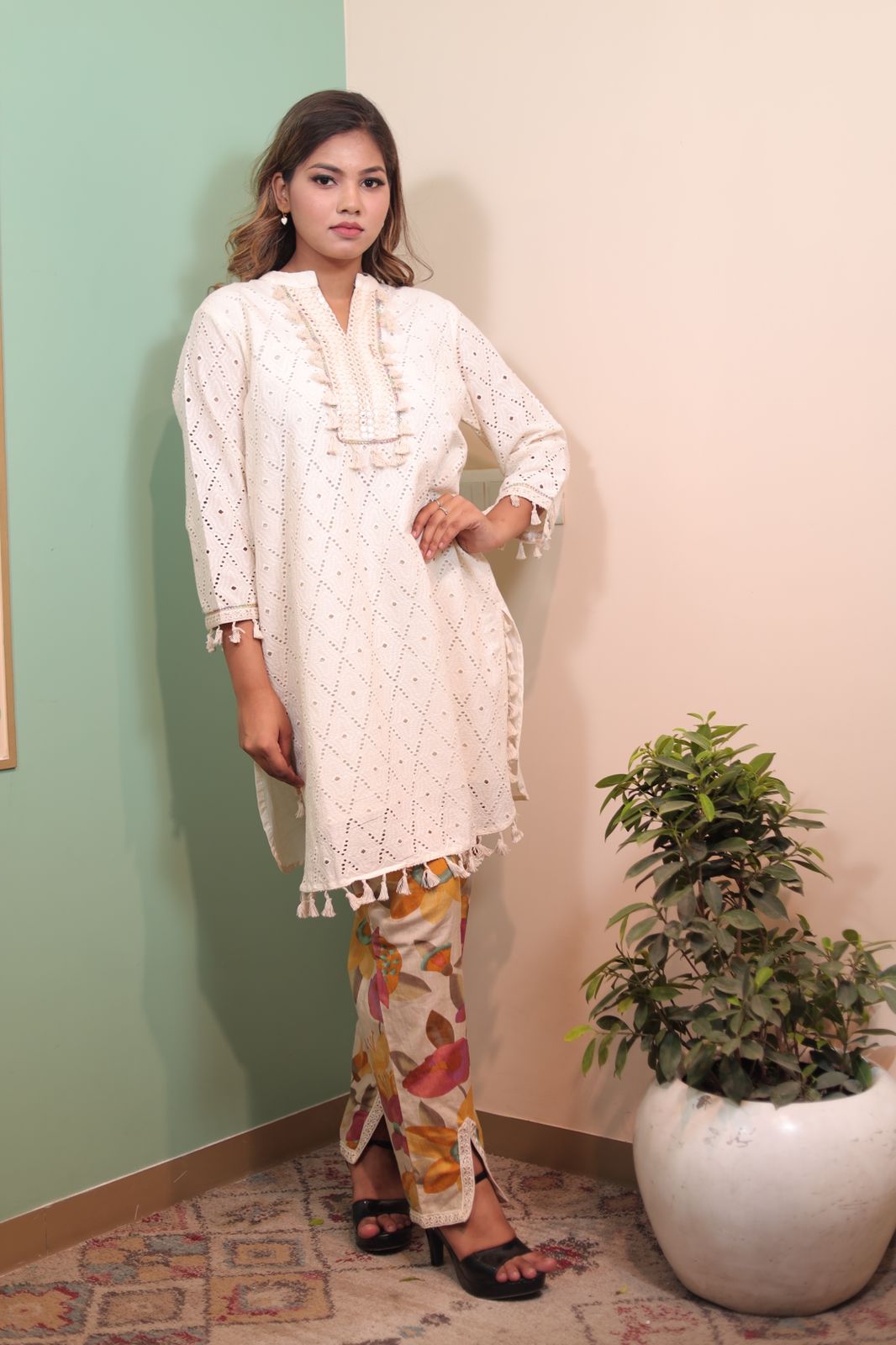 Chic White Cotton Kurti with Floral Pant