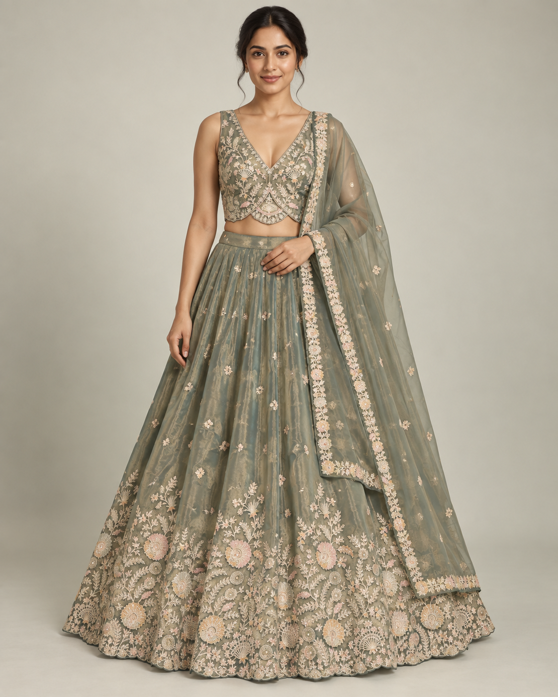 Sage Green Embroidered Silk Organza Lehenga Set