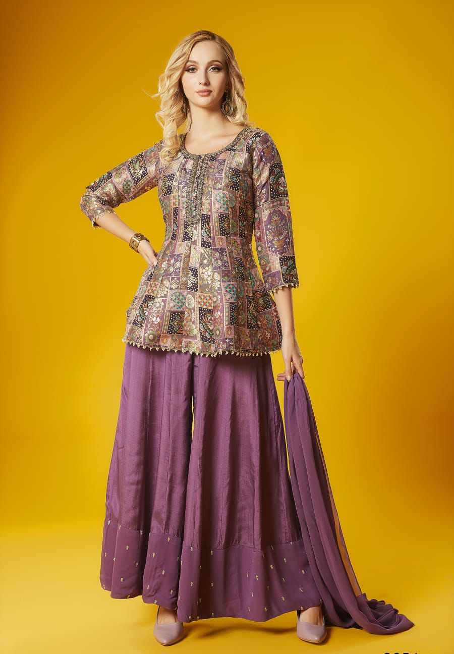 Vibrant Multicolor Silk Peplum Kurti with Sharara and Dupatta Set