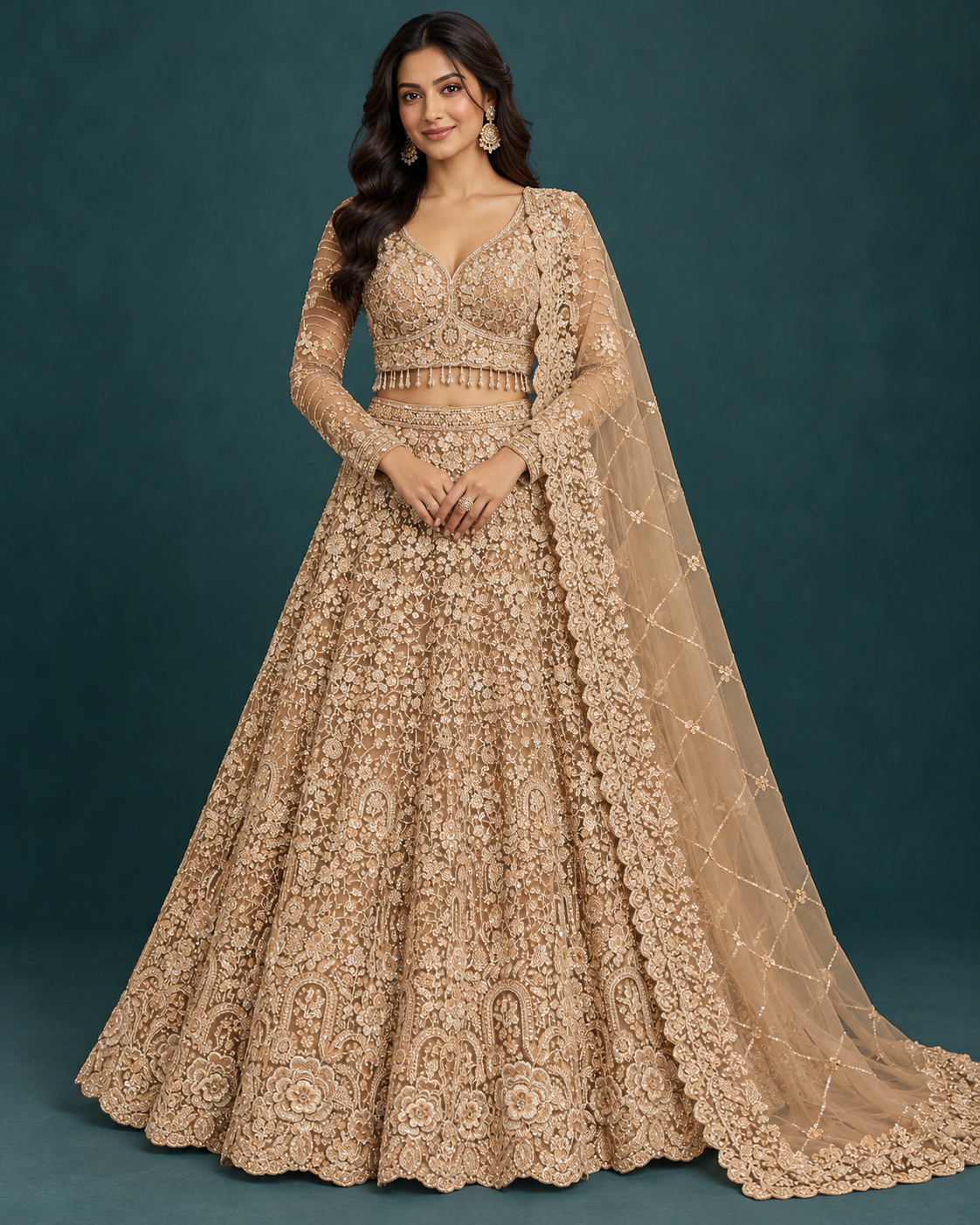 Champagne Gold Embroidered Bridal Kalidar Lehenga Main image