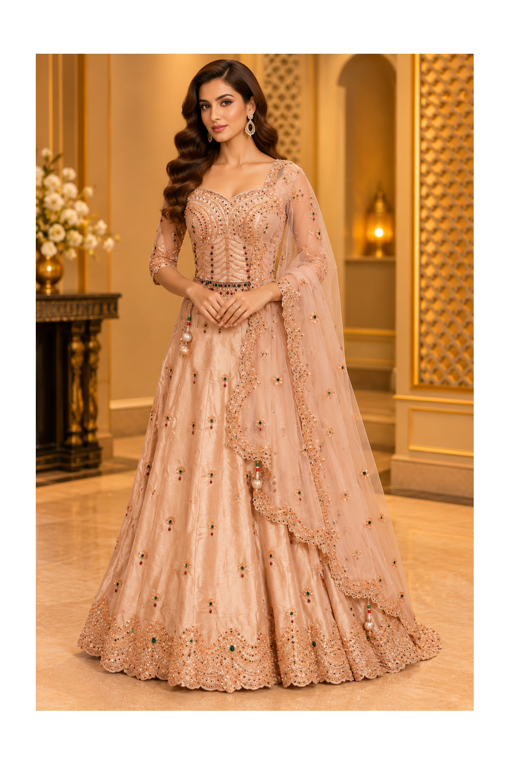Dusty-Peach Embellished Corset-Bodice Gown