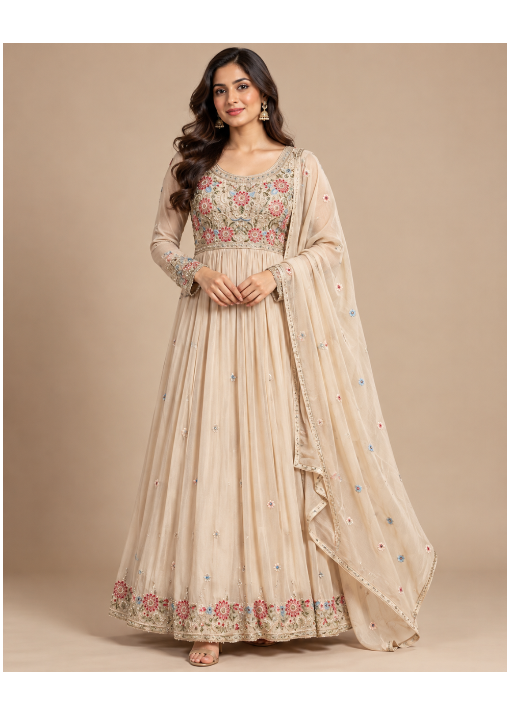 Champagne Floral Embroidered Anarkali Gown