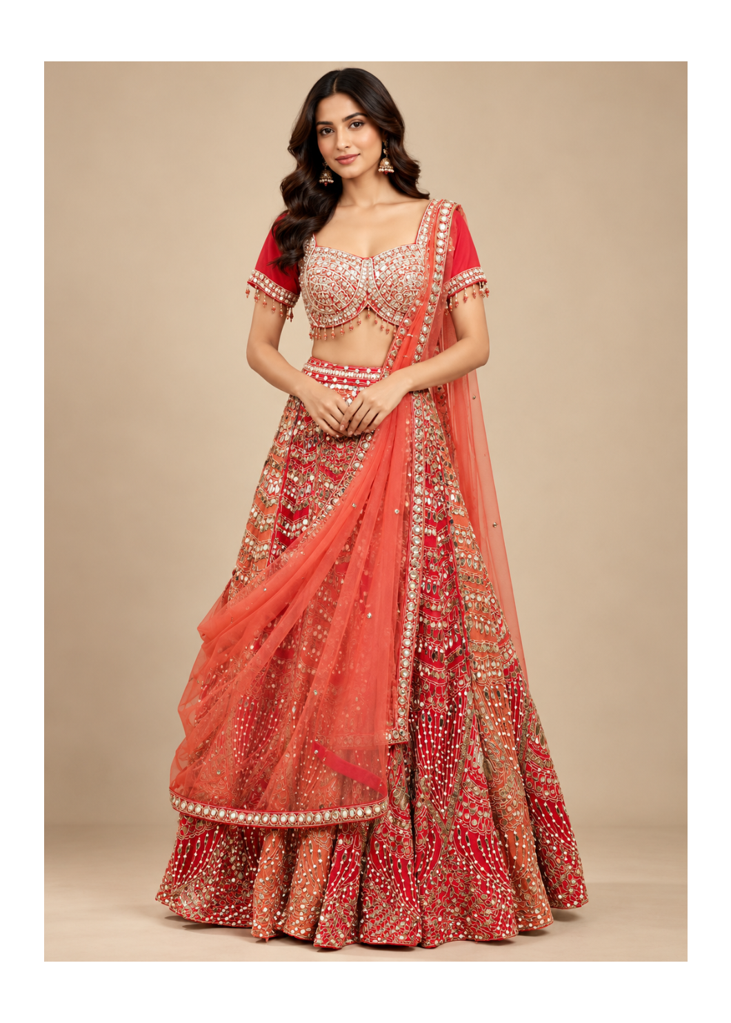 Red Mirror Embellished Bridal Lehenga Set Main image