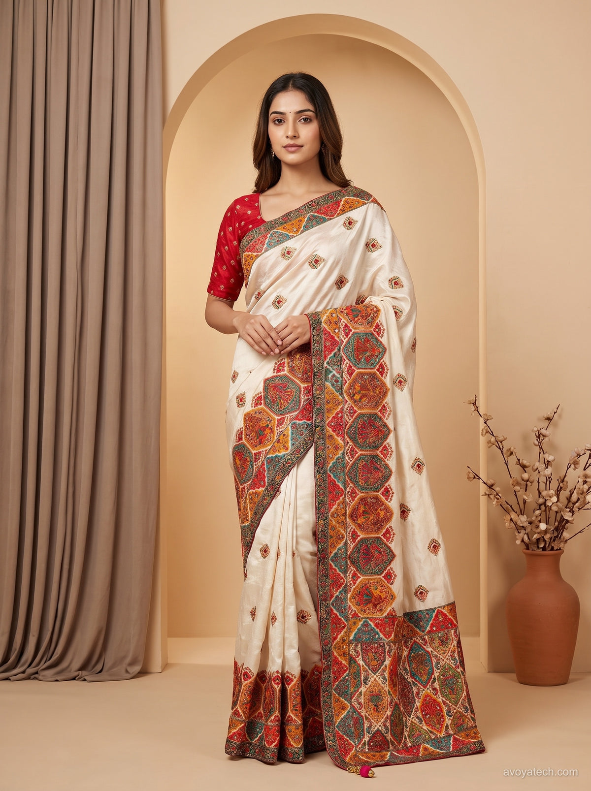 Off-White Silk Saree with Kashmiri Jamawar Hexagonal Medallion Border &amp; Blouse Piece Main image