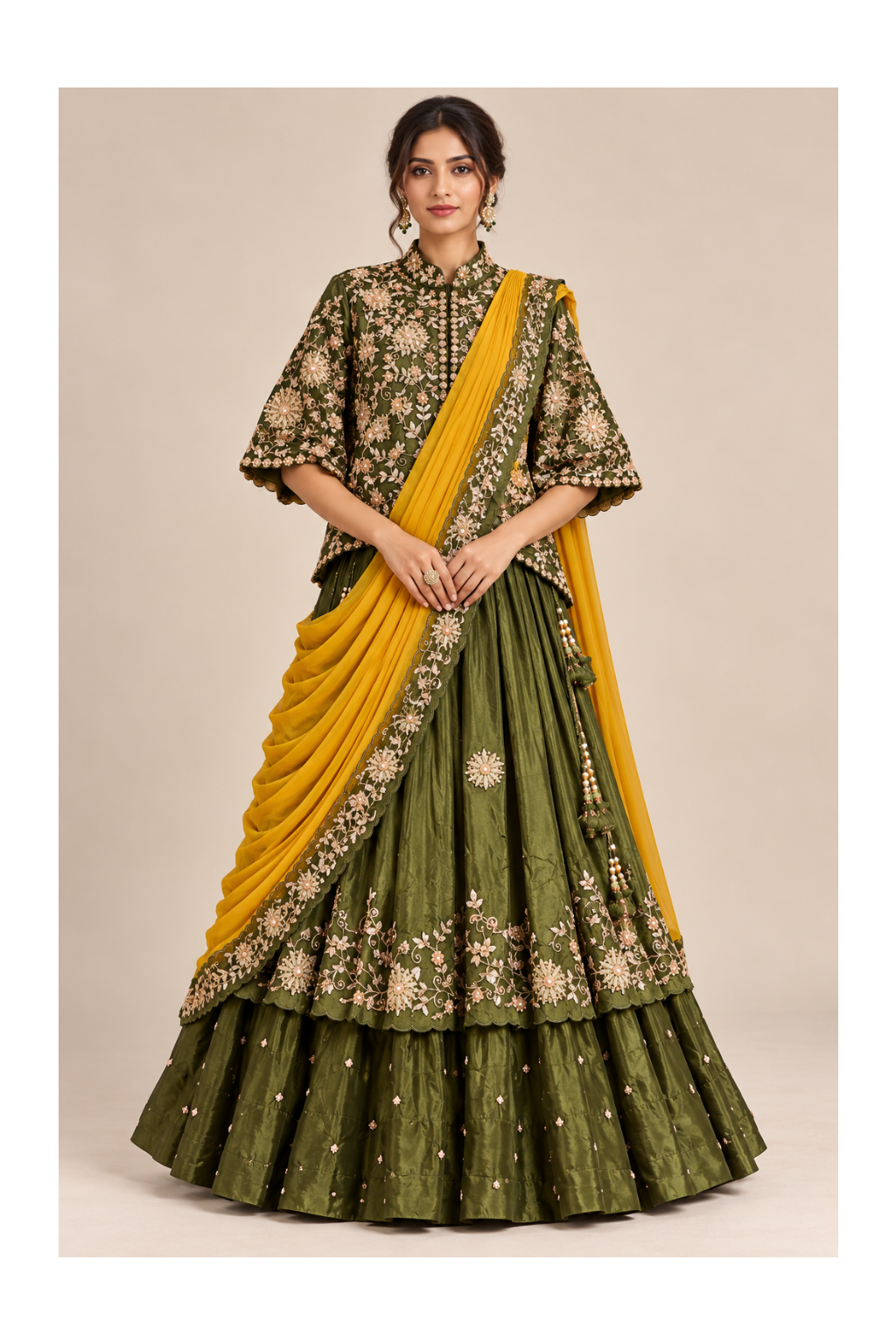 Olive Green Embroidered Jacket Lehenga Set Main image