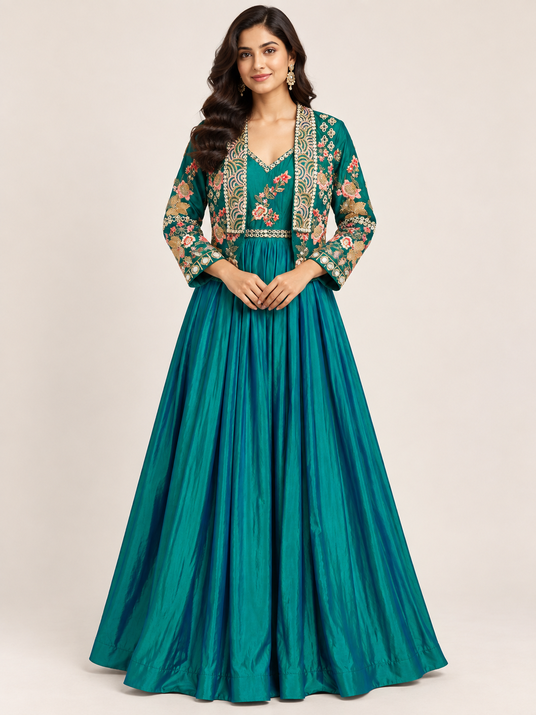 Teal-Green Silk Flared Anarkali Gown with Embroidered Short Jacket Set