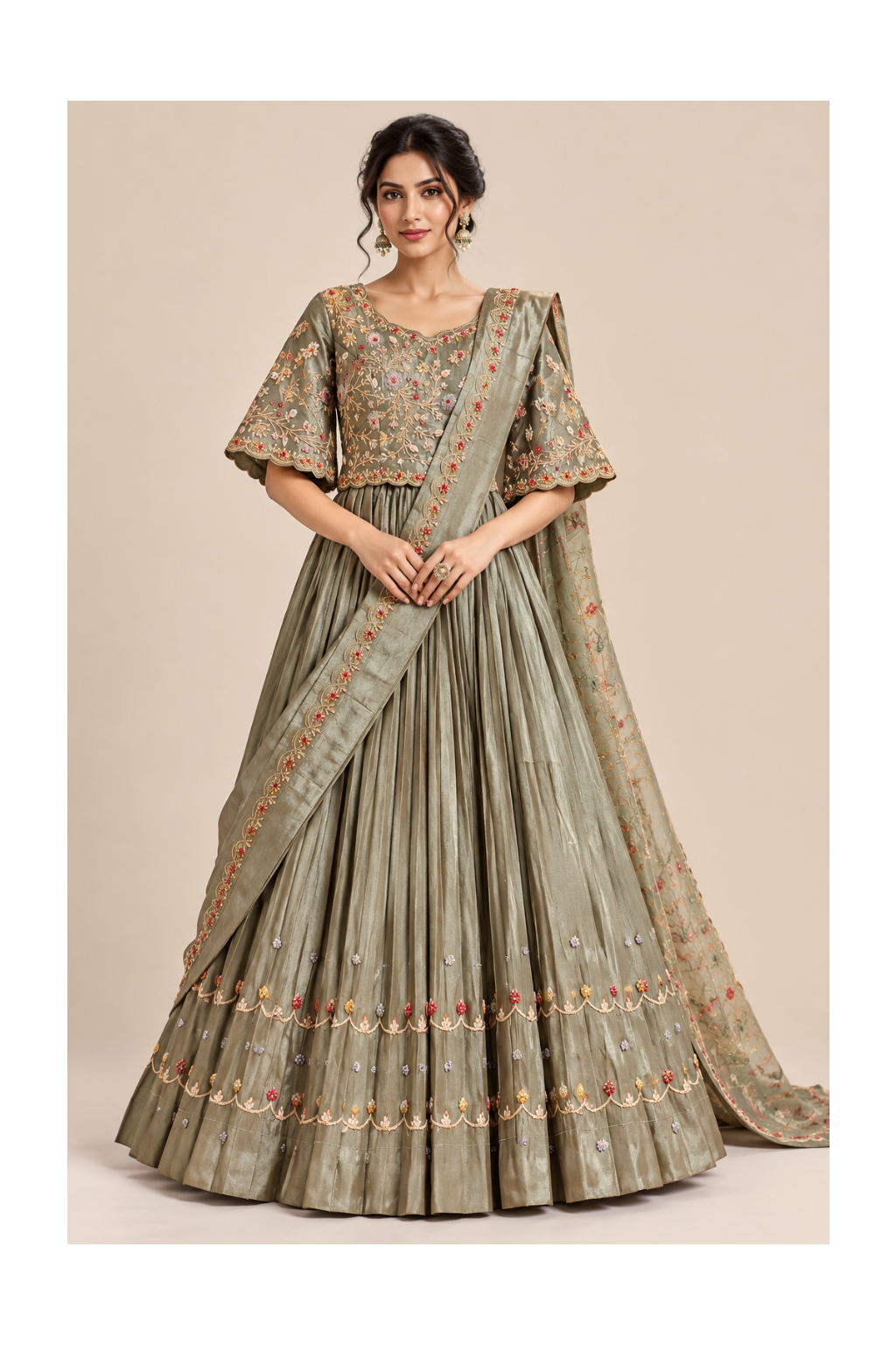 Sage Grey Embroidered Blouse Lehenga Set Main image