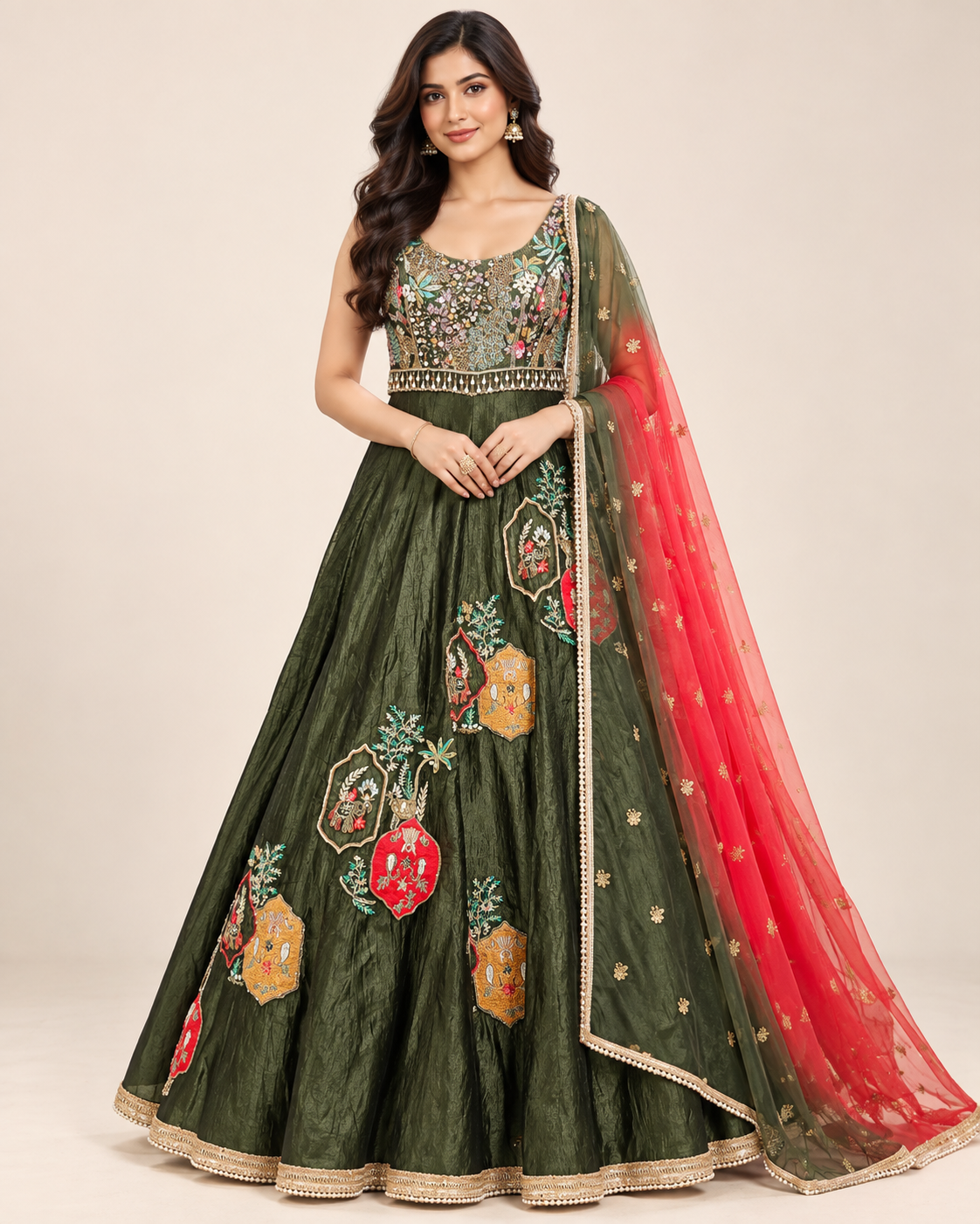 Olive Green Raw Silk Flared Anarkali Gown with Dual-Tone Dupatta Main image