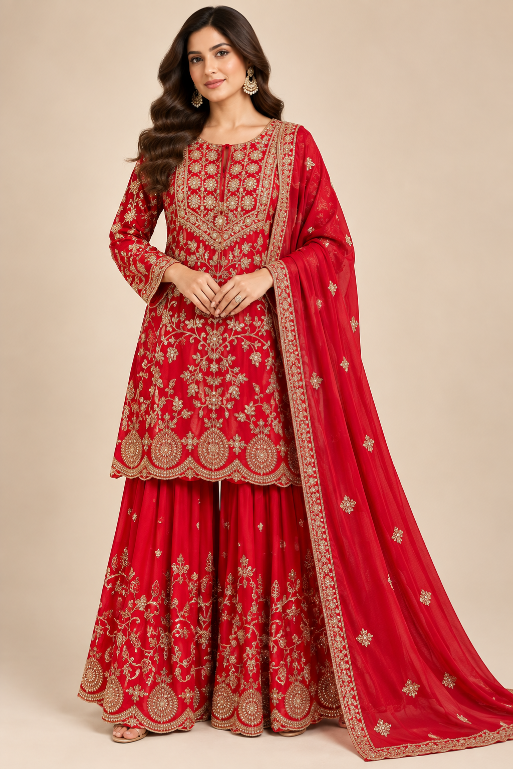Crimson Red Hand-Embroidered Georgette Kurti &amp; Flared Sharara Set with Dupatta