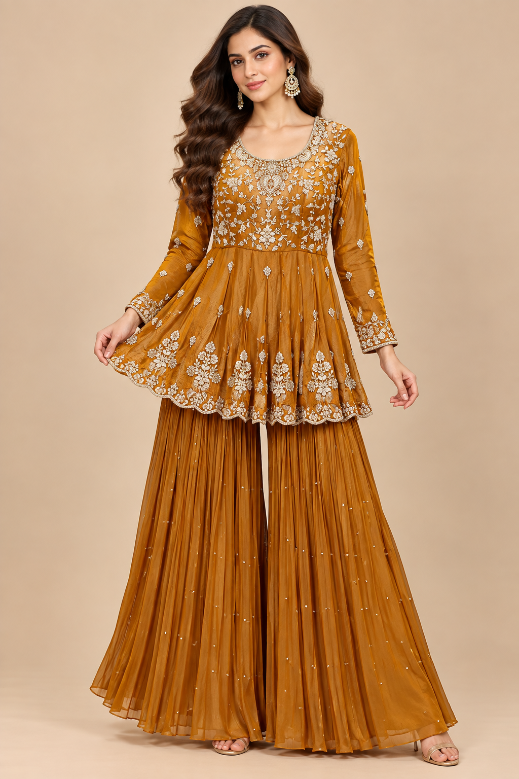 Mustard Ochre Hand-Embroidered Silk Peplum Kurti & Crushed Sharara Set