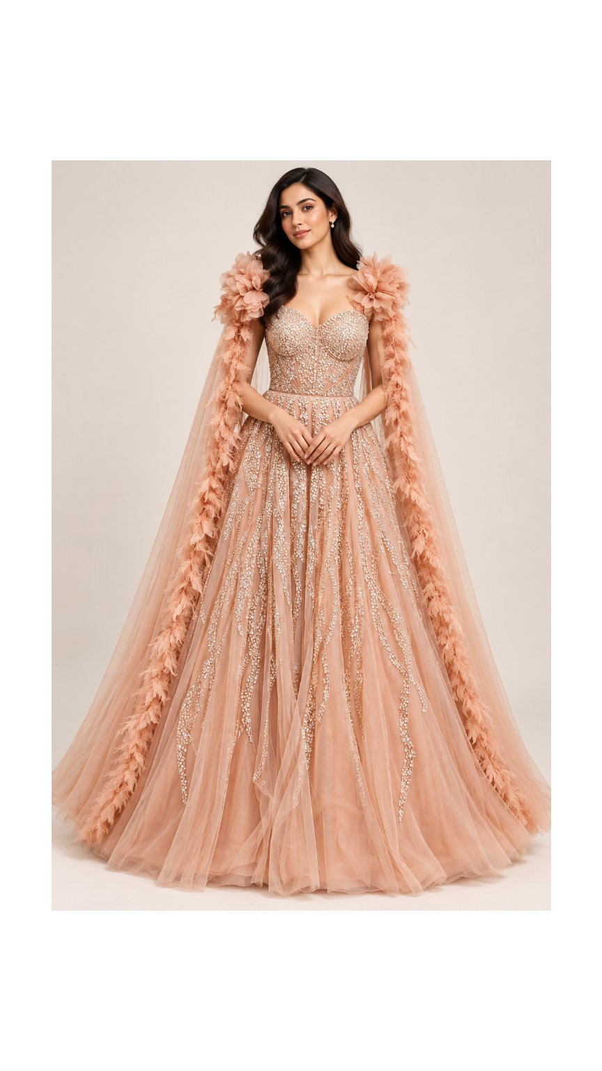 Blush Peach Embellished Corset Ballgown with Feather-Trimmed Cape
