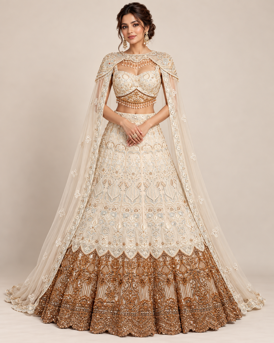 Ivory and Antique Gold Heavily Embellished Lehenga Set with Shoulder Cape