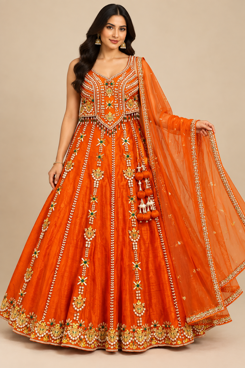 Tangerine Orange Hand-Embroidered Basque Bustier & Flared Skirt Set with Dupatta