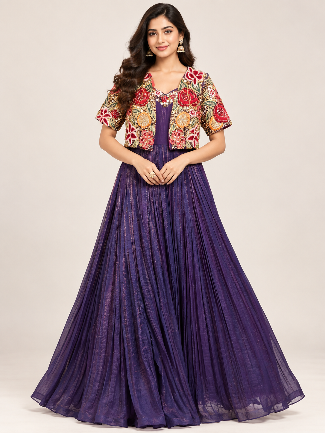 Royal Purple Pleated Anarkali Gown with Embroidered Koti Jacket Set