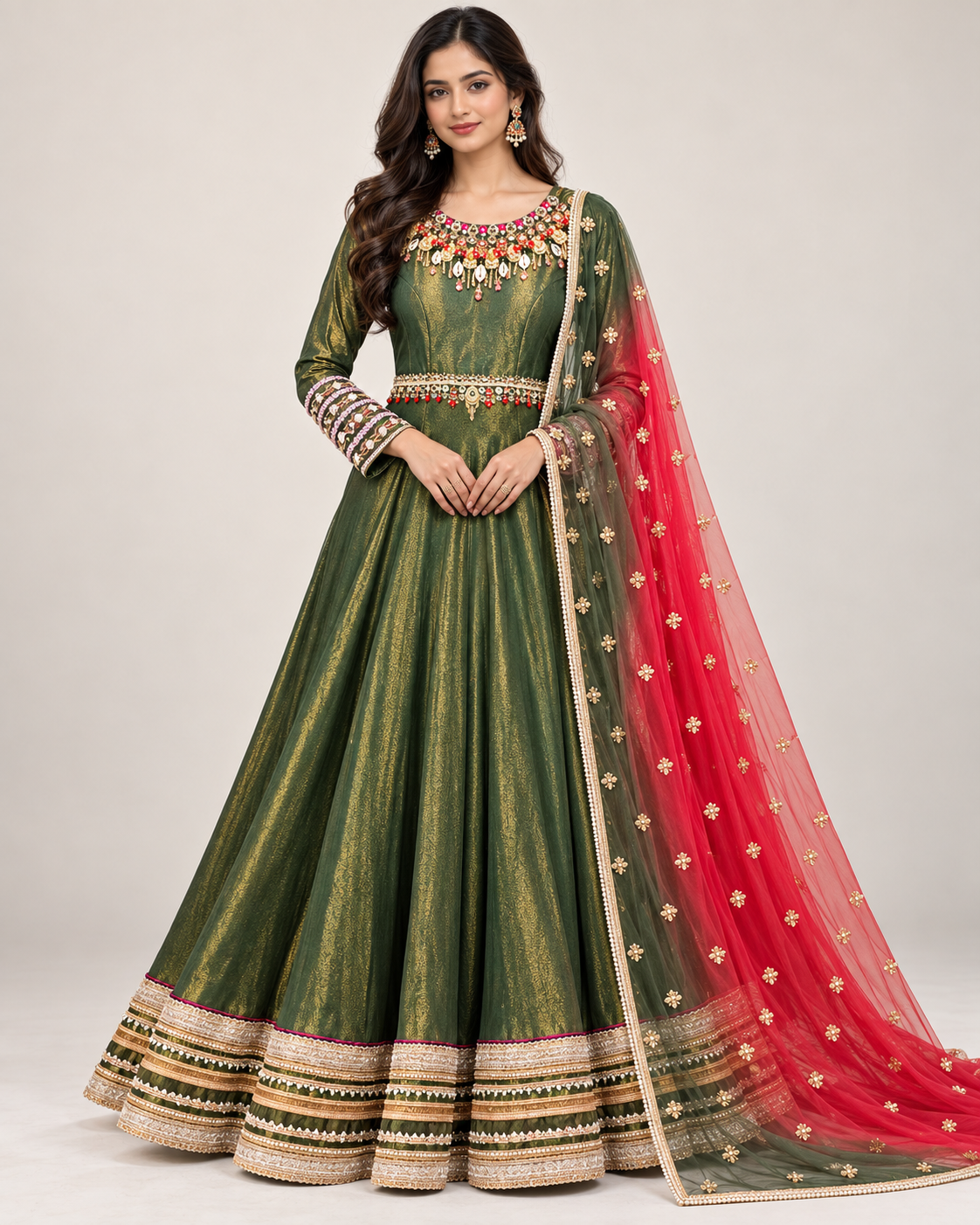 Olive Green Metallic Silk Flared Anarkali Gown with Dual-Tone Dupatta