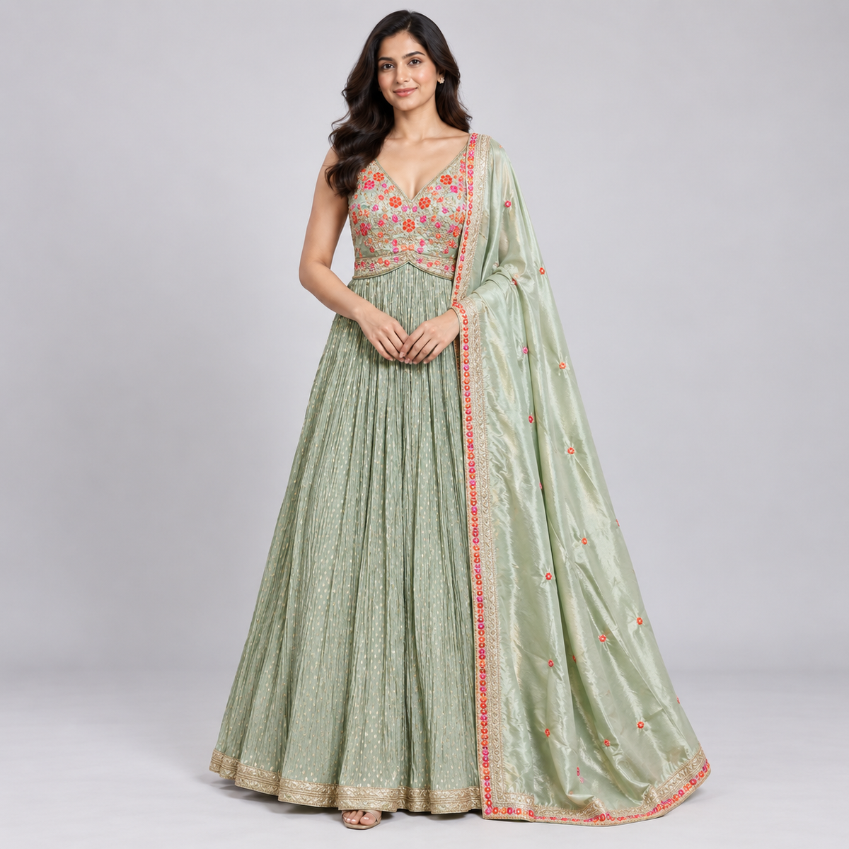 Sage Green Crinkled Anarkali Suit Set with Embroidered Bodice & Dupatta