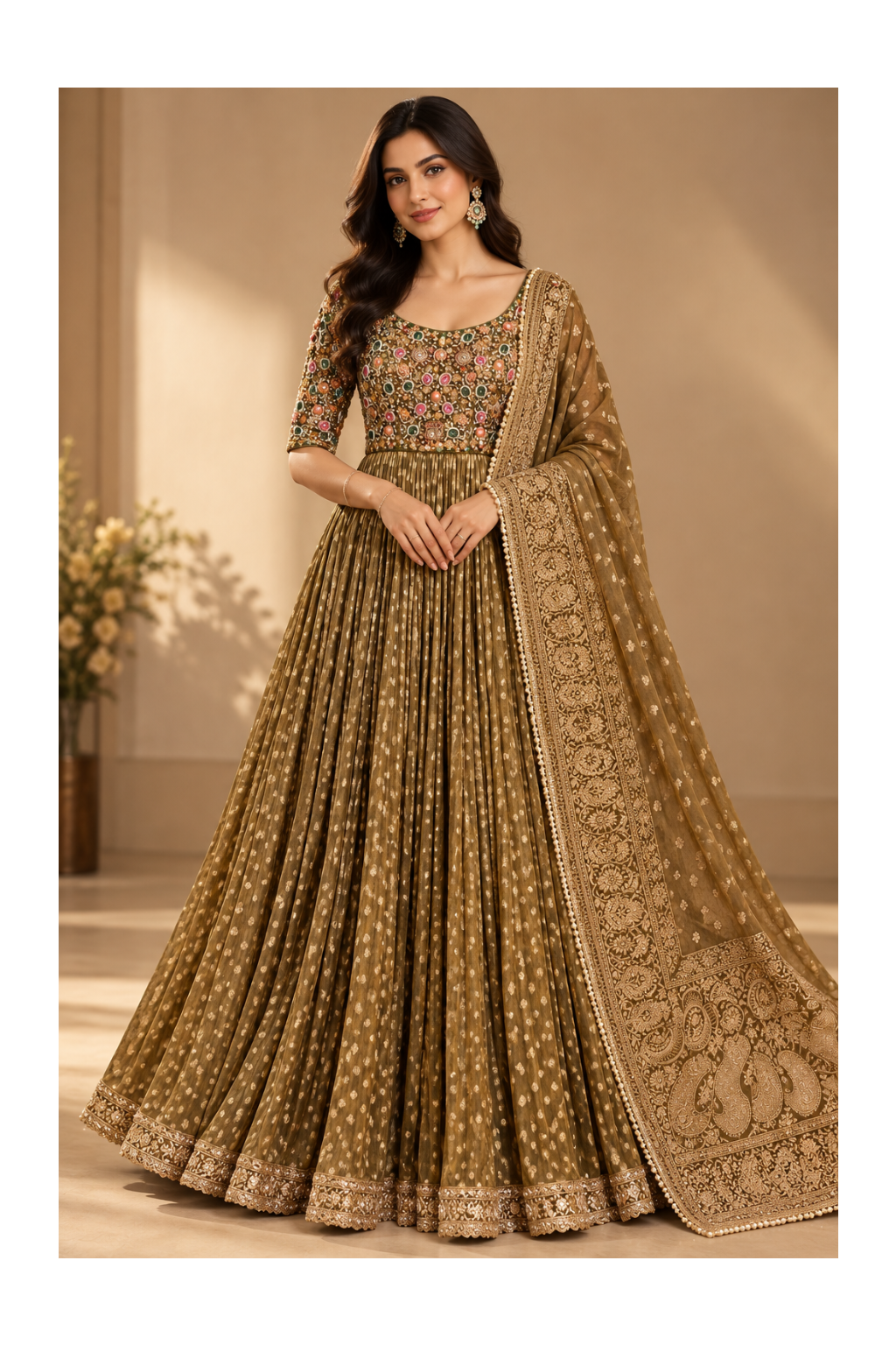 Antique Bronze-Olive Bandhani Flared Anarkali Gown